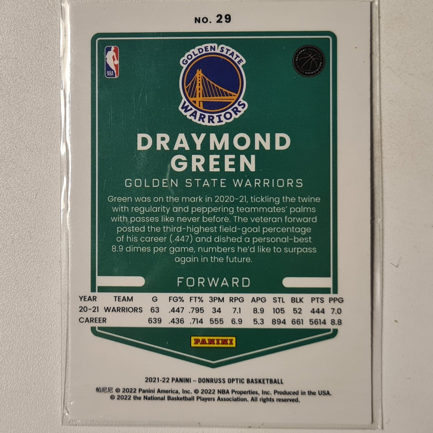 Draymond Green 2021-22 Panini Donruss Optic #29 NBA Basketball Golden State Warriors Excellent sleeved