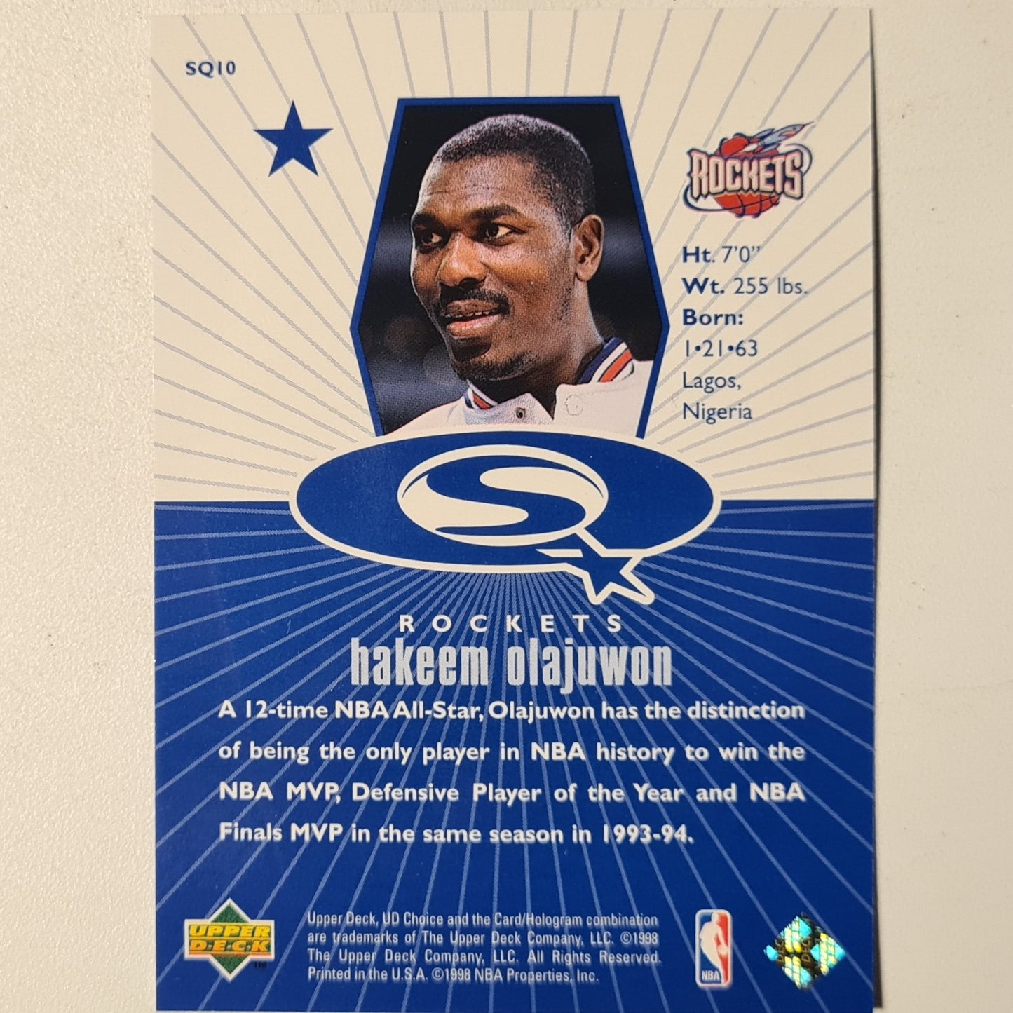 Hakeem Olajuwon 1998 Upper-Deck Starqiest blue foil SQ10 NBA Basketball Houston Rockets Excellent