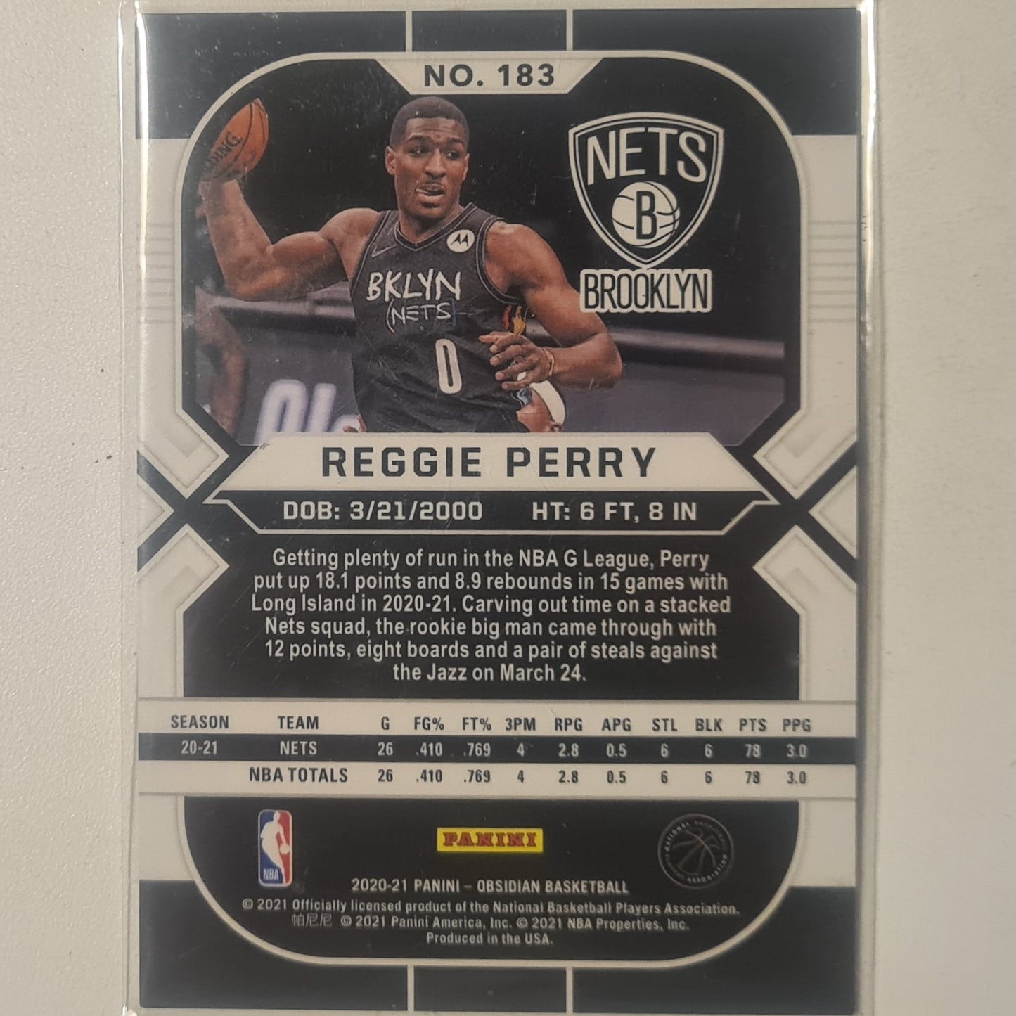 Reggie Perry 2020-21 Panini Obsidian Rookie RC #183 NBA Basketball Brooklyn Nets Mint