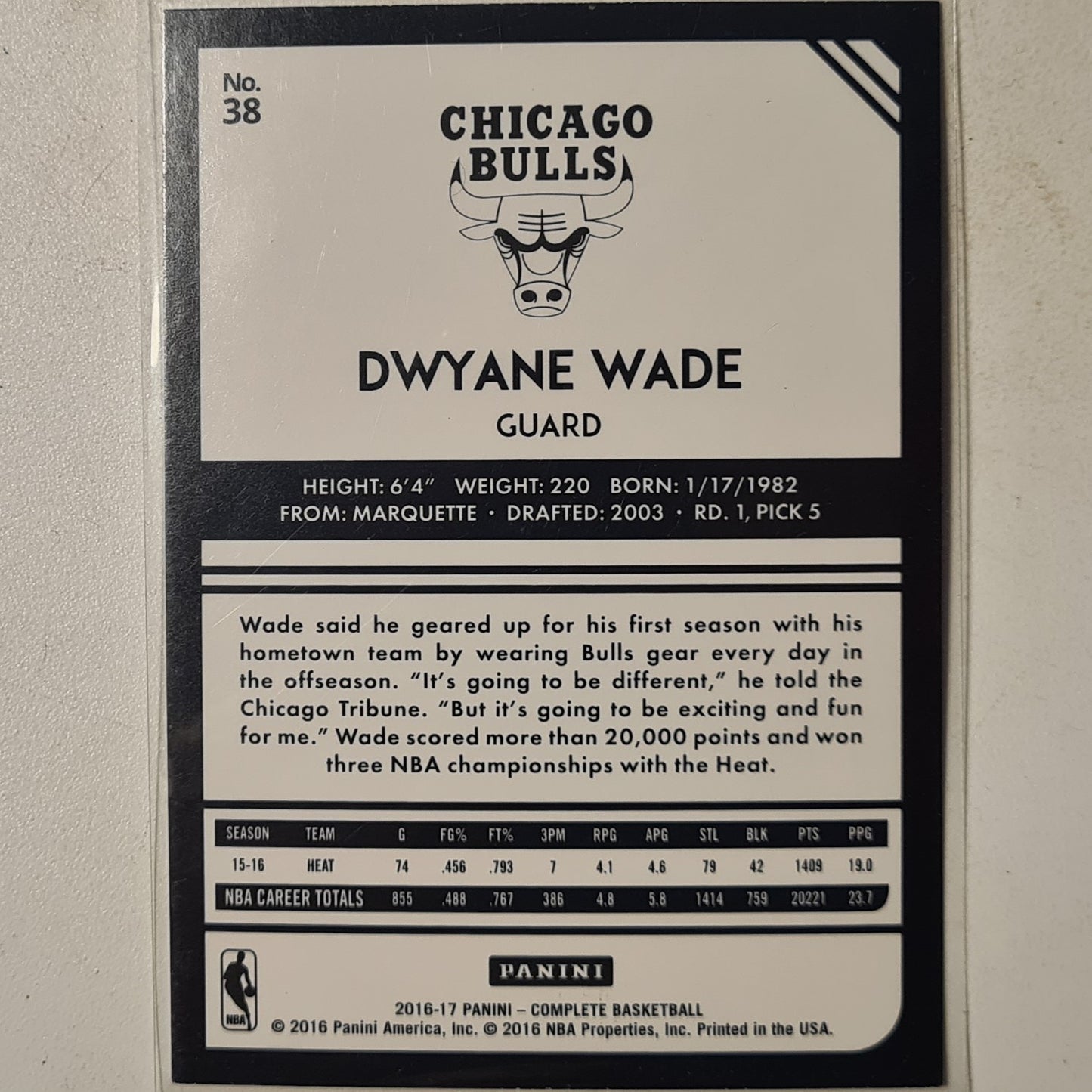 Dwayne Wade 2016-17 Panini Complete  #38 NBA Basketball Chicago Bulls Excellent+