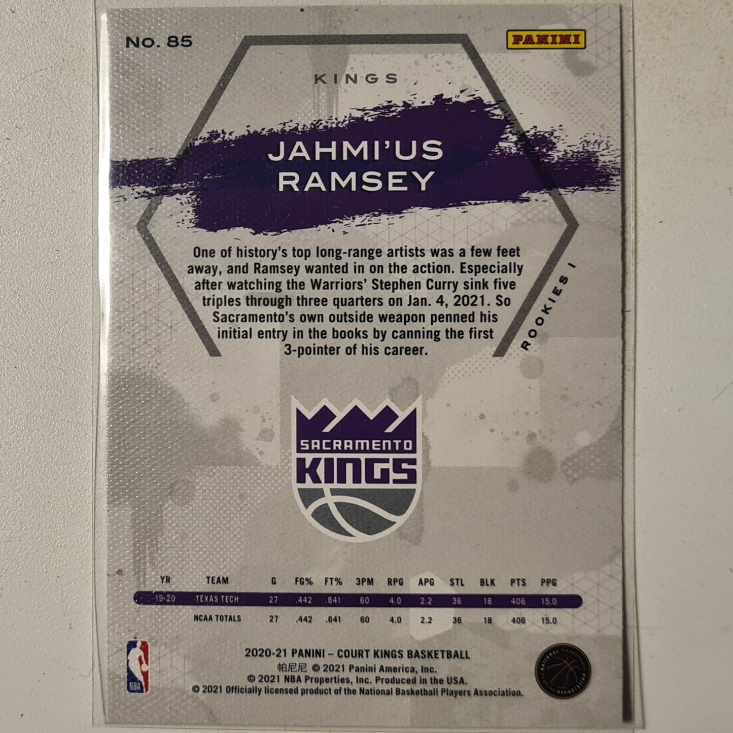 Jahmi-us Ramsey 2020-21 Panini Court Kings Rookie RC #85 NBA Basketball Sacramento Kings Excellent+