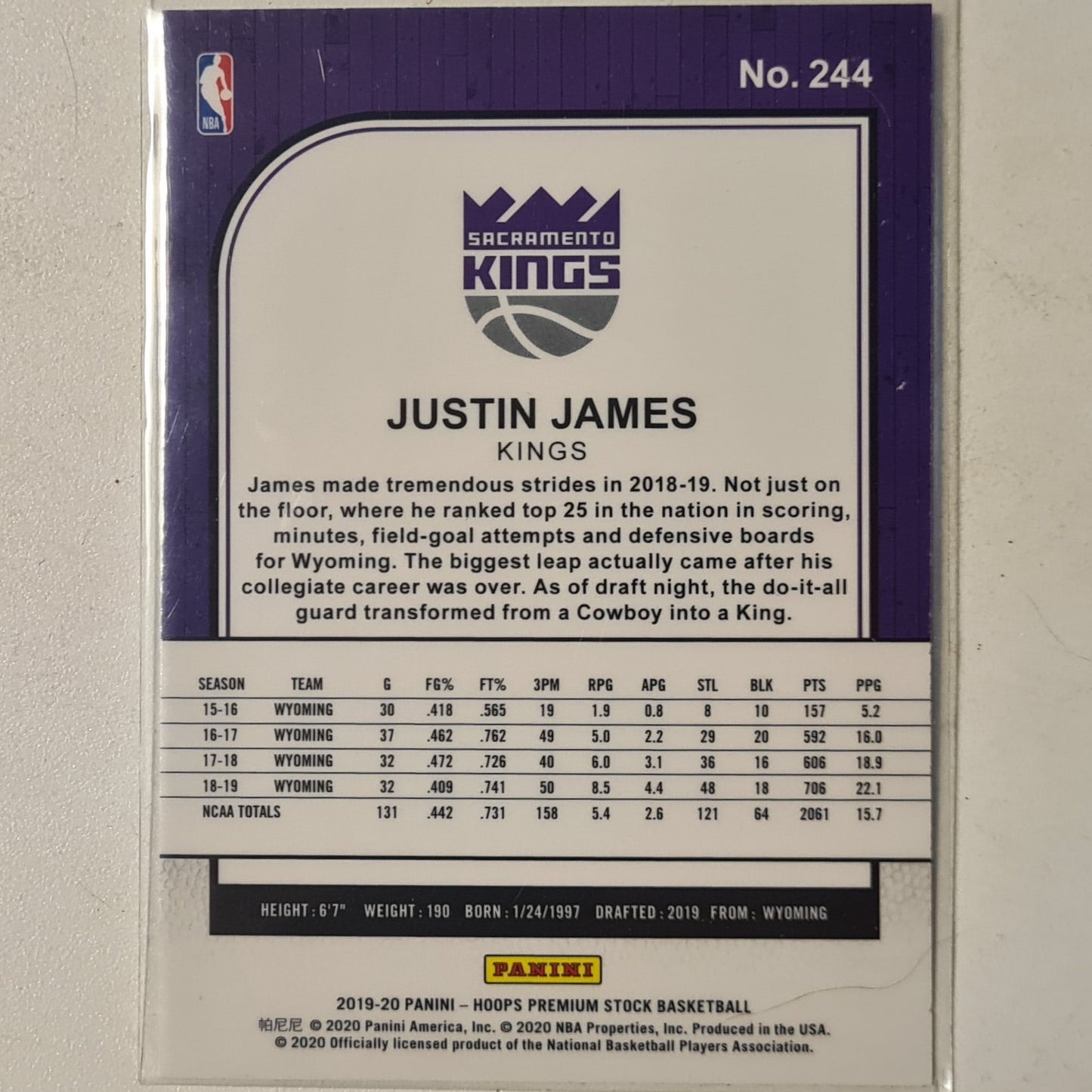 Justin James 2019-20 Panini NBA Hoops premium stock Rookie RC #244 NBA Basketball Sacramento Kings Excellent+