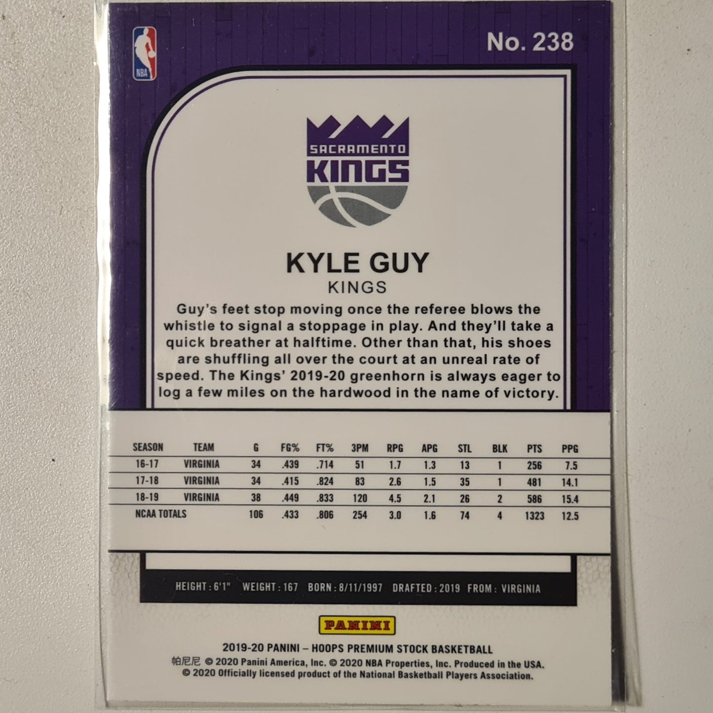 Kyle Guy 2019-20 Panini NBA Hoops premium stock Rookie RC #238 NBA Basketball Sacramento Kings Excellent+