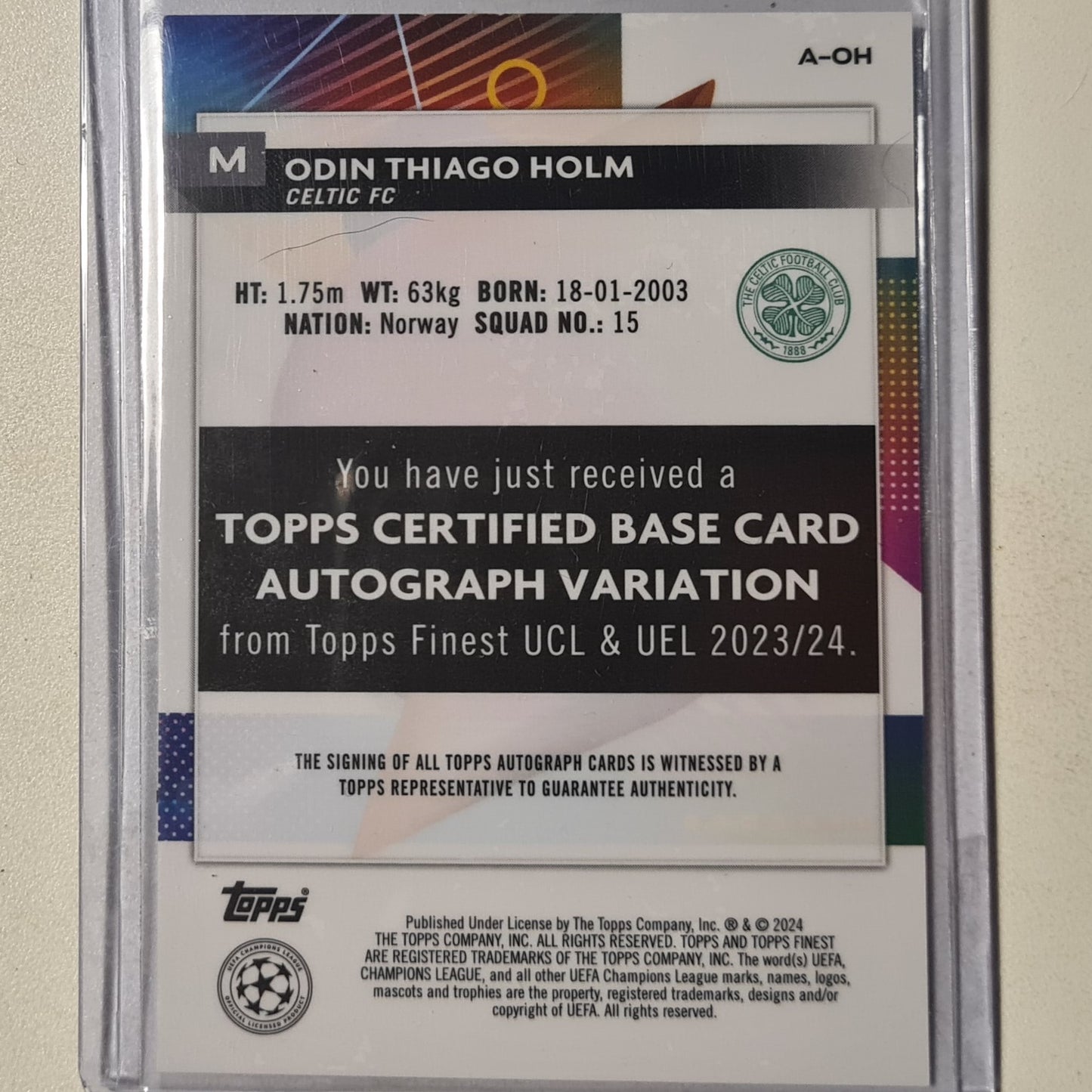 Odin Thiago Holm 2024 Topps Finest champions league Rookie Auto A-OH Football Celtic mint