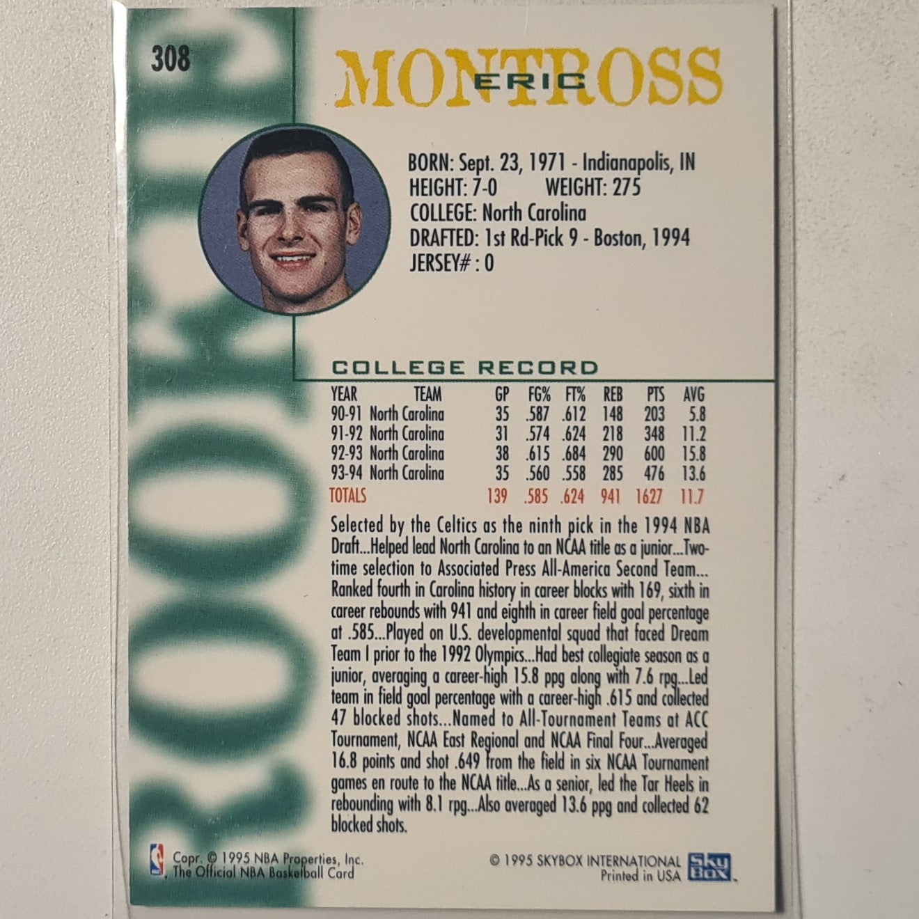 Eric Montross 1995 Skybox NBA Hoops Rookie RC #308 NBA Basketball Boston Celtics Excellent