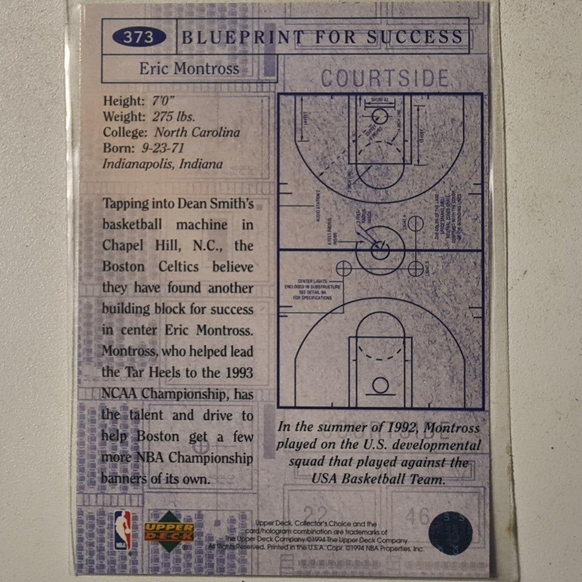 Eric Montross 1994 Upper-Deck blue print for success silver text variant #373 NBA Basketball Boston Celtics Excellent