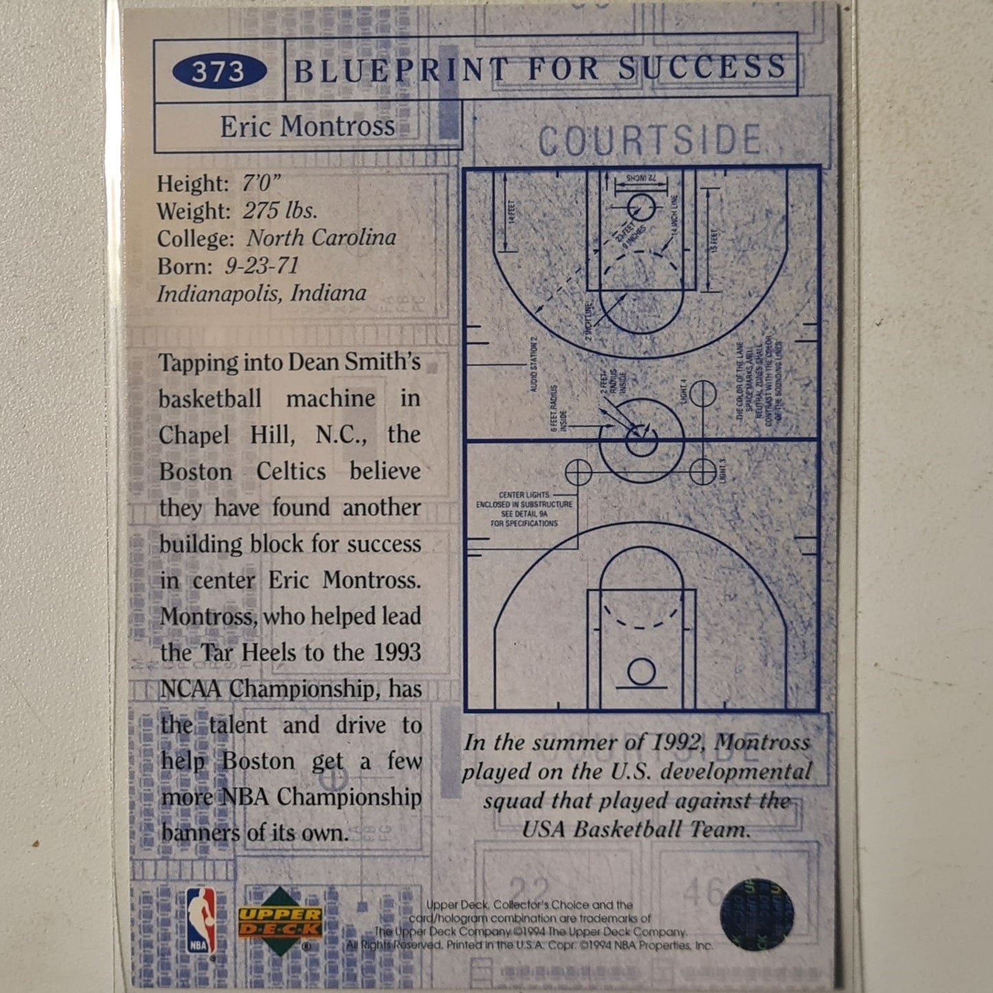 Eric Montross 1994 Upper-Deck blue print for success #373 NBA Basketball Boston Celtics Excellent