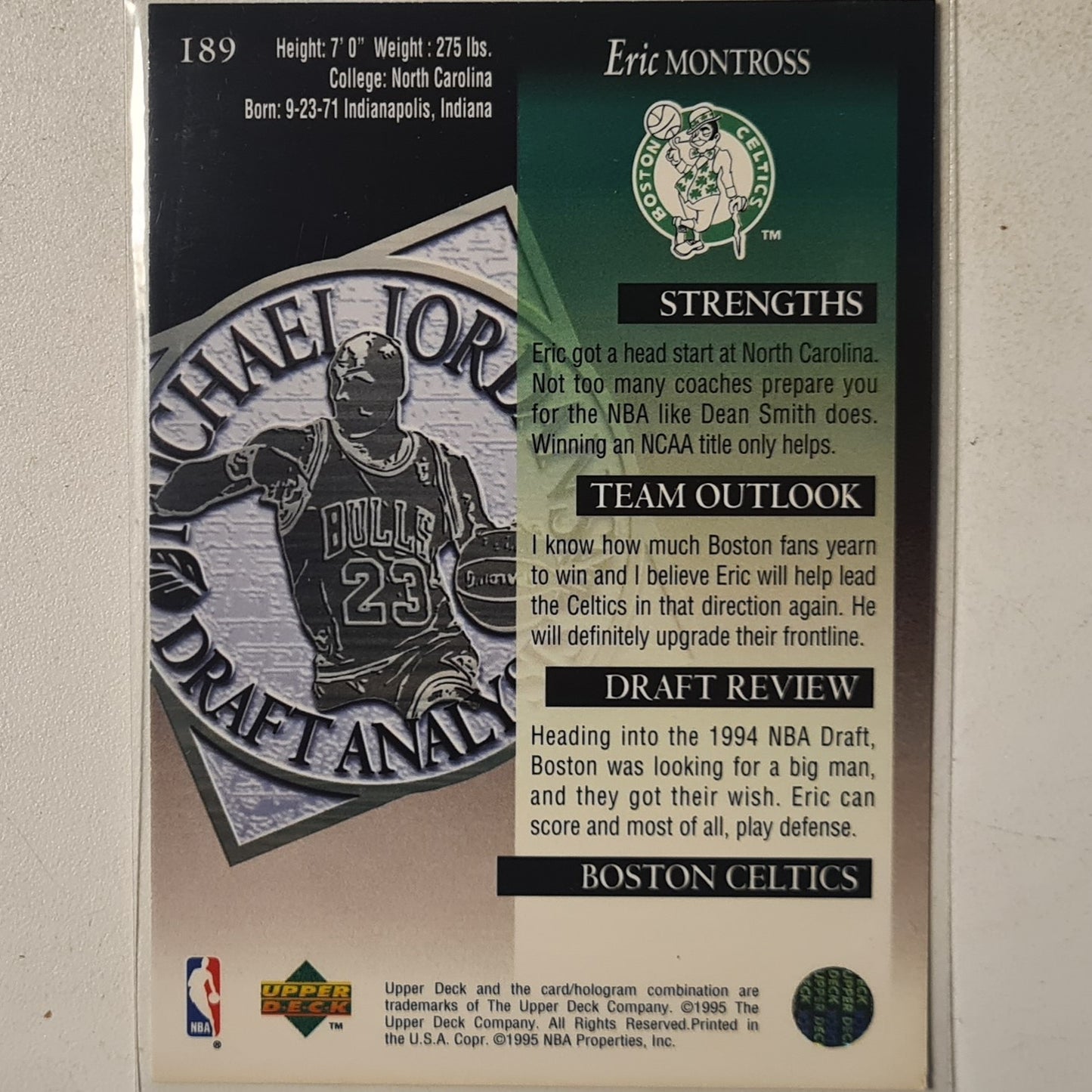 Eric Montross 1995 Upper-Deck Michael Jordan draft analysis rookie RC #189 NBA Basketball Boston Celtics Excellent