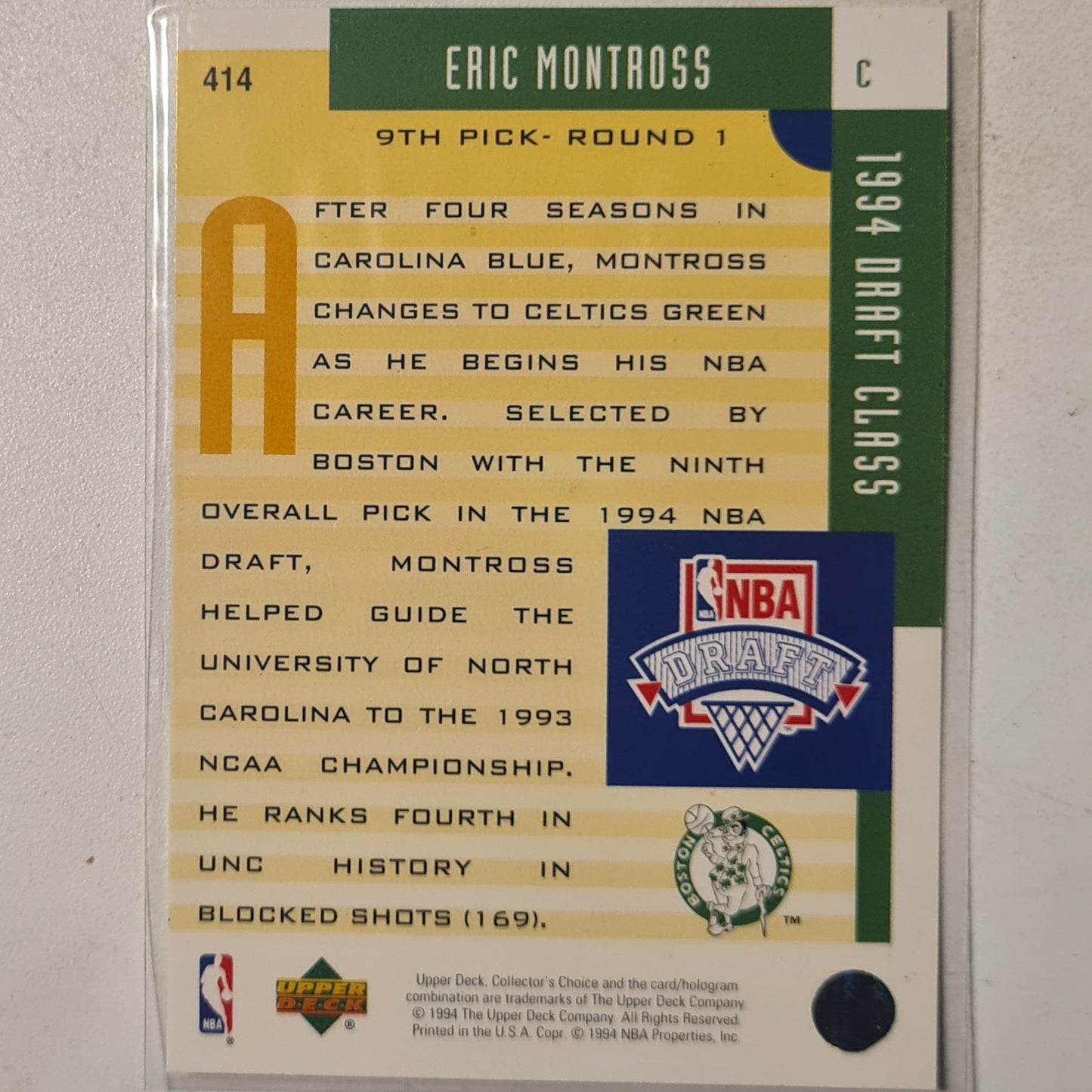 Eric Montross 1994 Upper-Deck draft class gold text variant rookie RC #414 NBA Basketball Boston Celtics Excellent