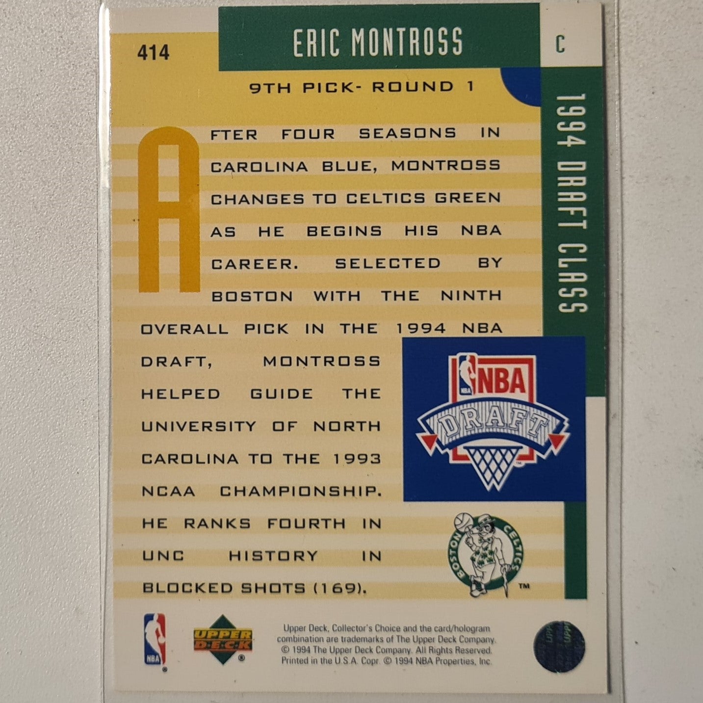 Eric Montross 1994 Upper-Deck Draft class Rookie RC #414 NBA Basketball Boston Celtics Excellent/mint