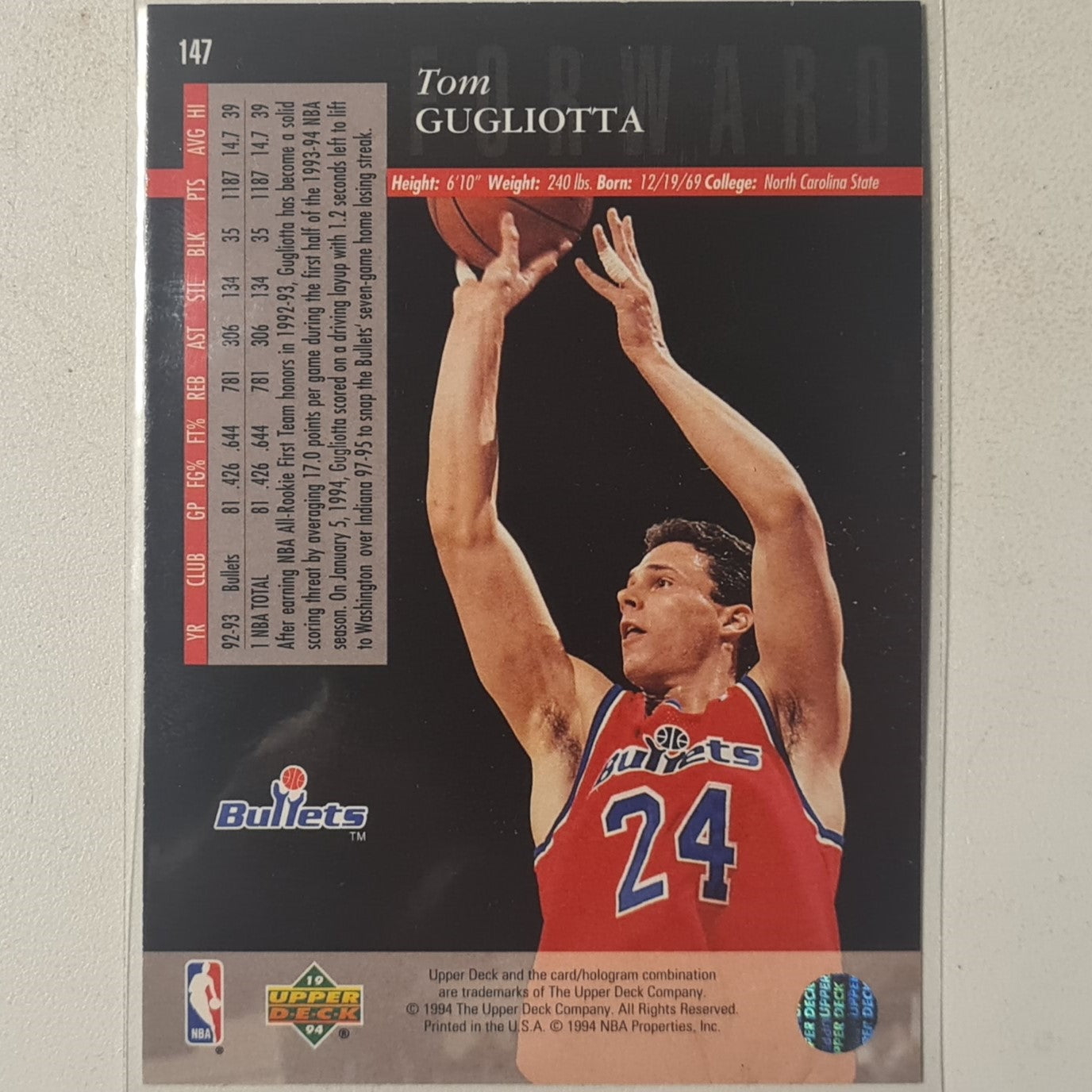 Tom Gugliotta 1994 Upper-Deck #147 NBA Basketball Washington Bullets Excellent sleeved