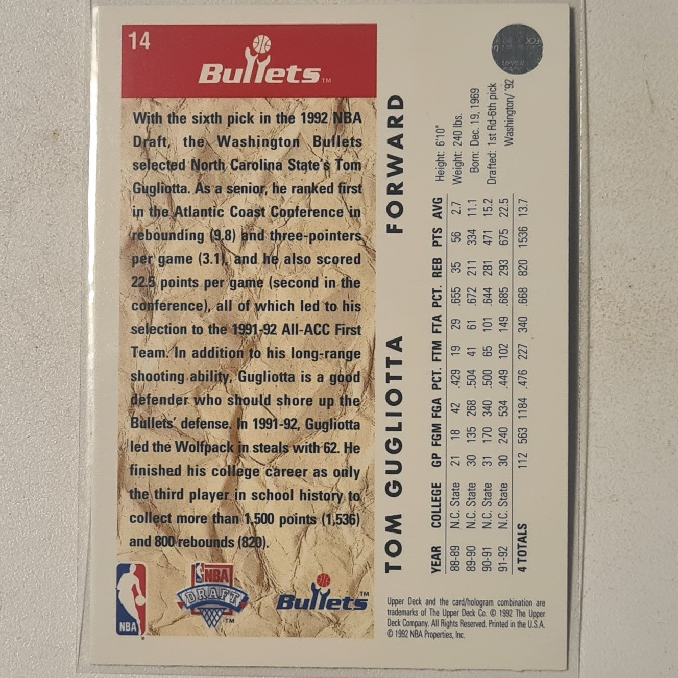 Tom Gugliotta 1992 Upper-Deck Draft Rookie RC #14 NBA Basketball Washington Bullets Excellent sleeved