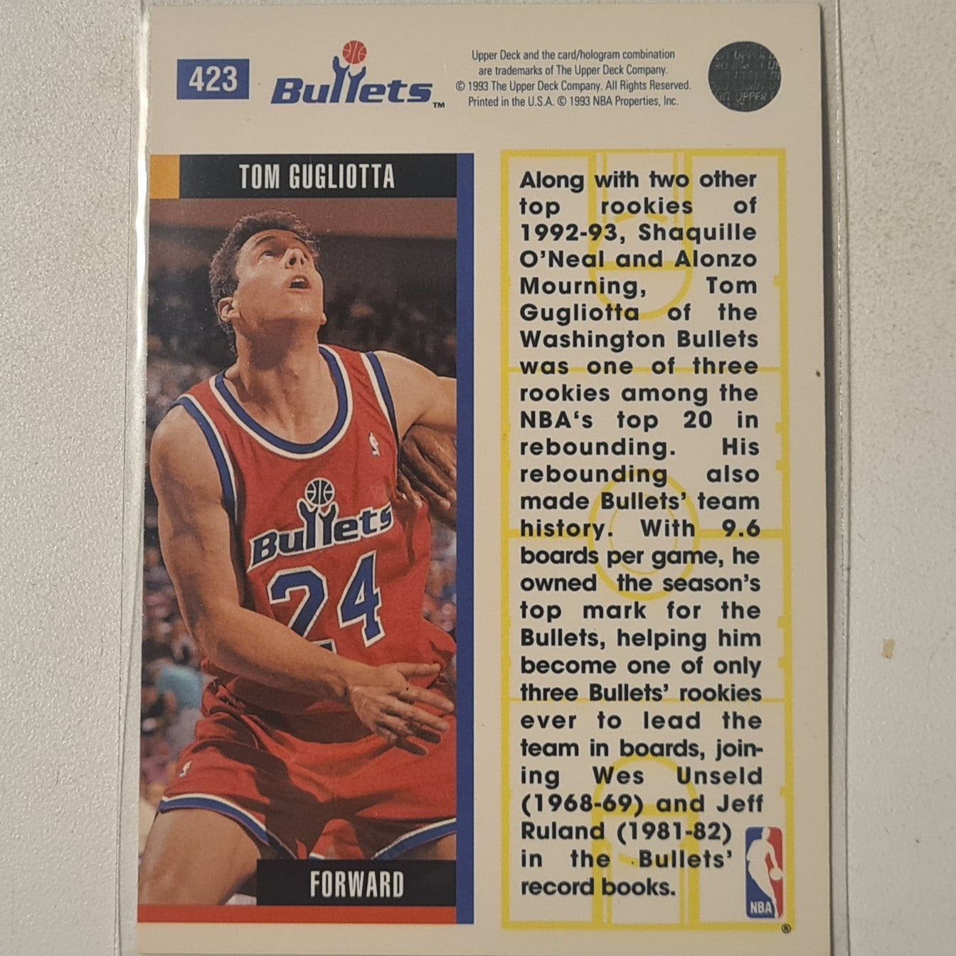 Tom Gugliotta 1993 Upper-Deck Executive Board #423 NBA Basketball Washington Bullets Excellent sleeved