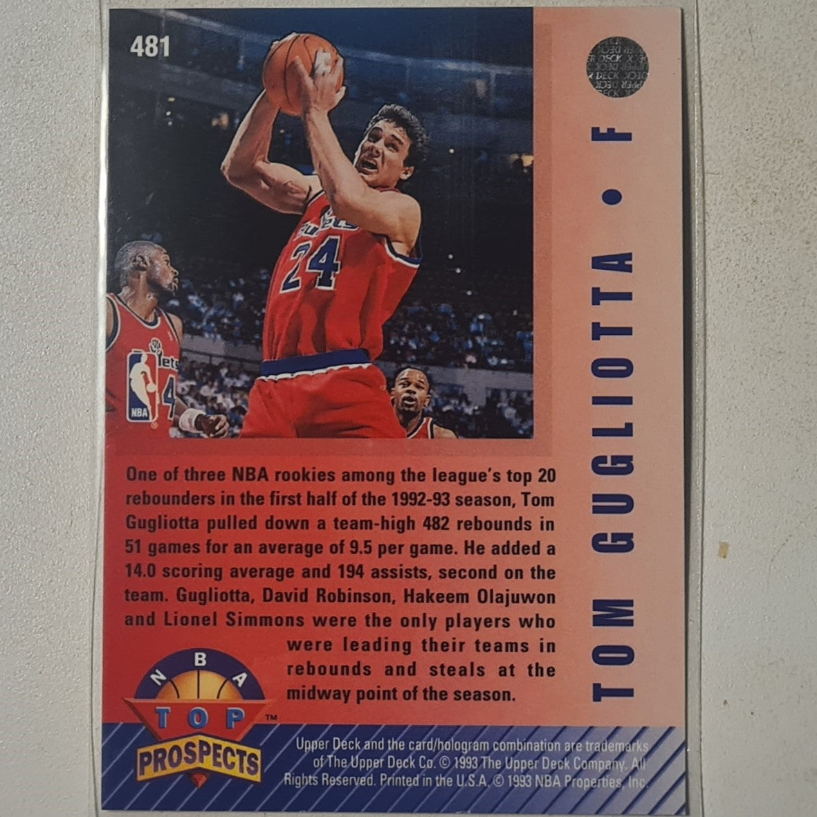 Tom Gugliotta 1993 Upper-Deck Top Prospects Rookie #481 NBA Basketball Washington Bullets Excellent sleeved