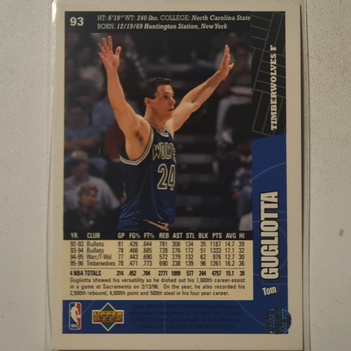 Tom Gugliotta 1996 Upper-Deck #93 NBA Basketball Minnesota Timberwolves Excellent sleeved