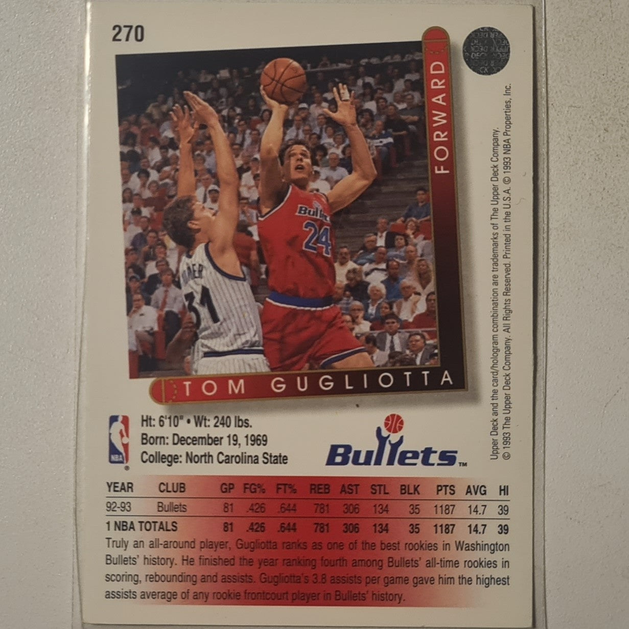 Tom Gugliotta 1993 Upper-Deck  #270 NBA Basketball Washington Bullets Excellent sleeved