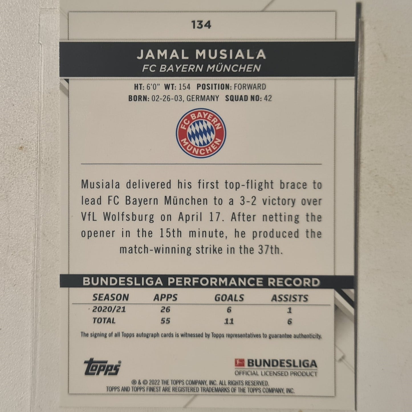 Jamal Musiala 2022 Topps Finest Bundesliga refractor #134 Football Bayern Munich Excellent/mint sleeved