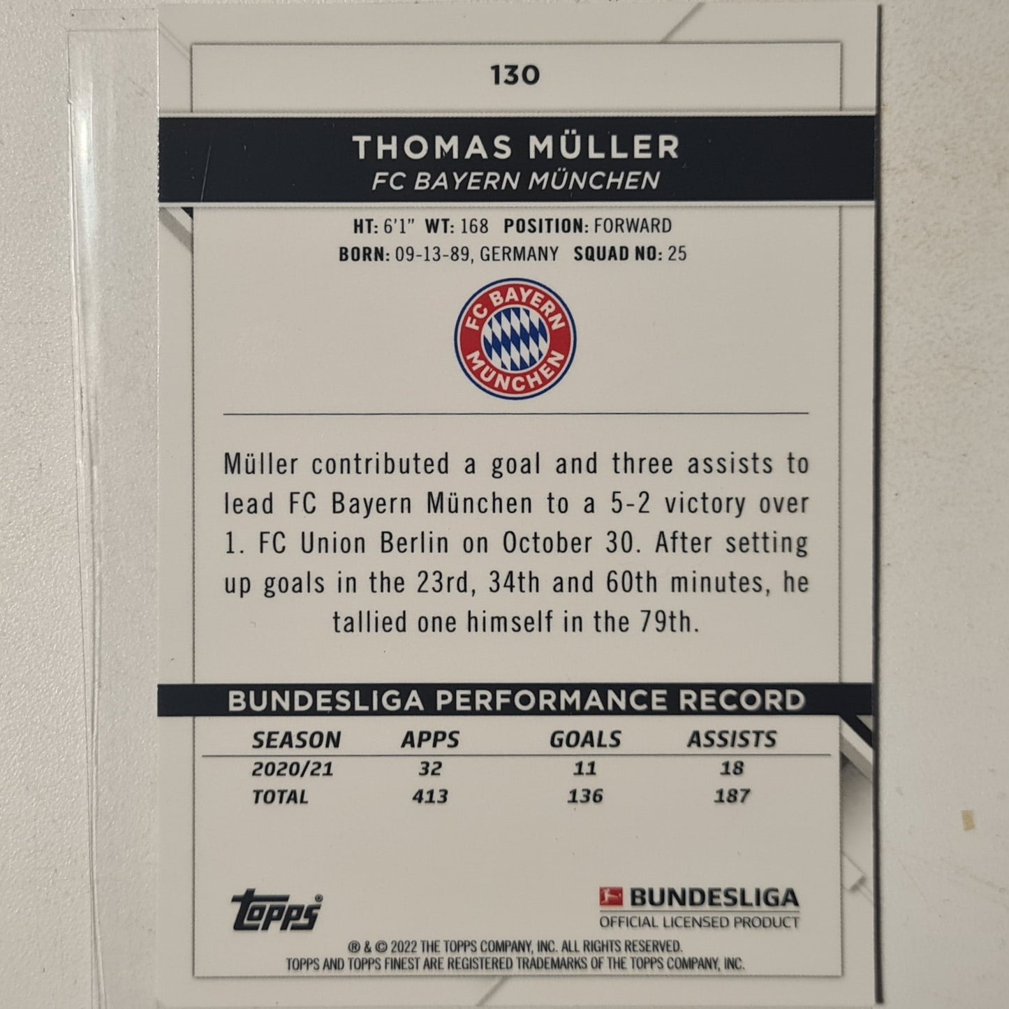 Thomas Muller 2022 Topps Finest Bundesliga #130 Football Bayern Munich Excellent sleeved