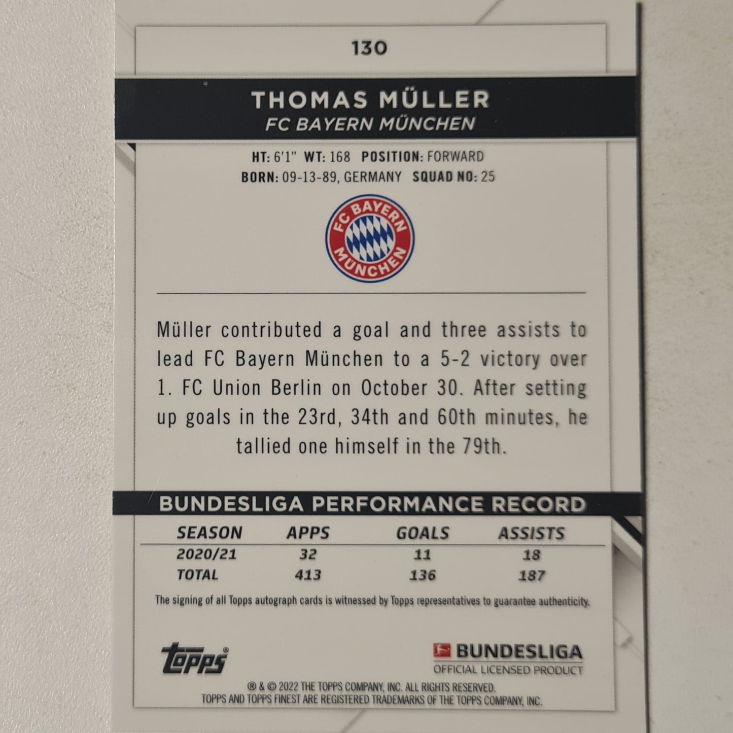 Thomas Muller 2022 Topps Finest Bundesliga refractor #130 Football Bayern Munich Excellent sleeved