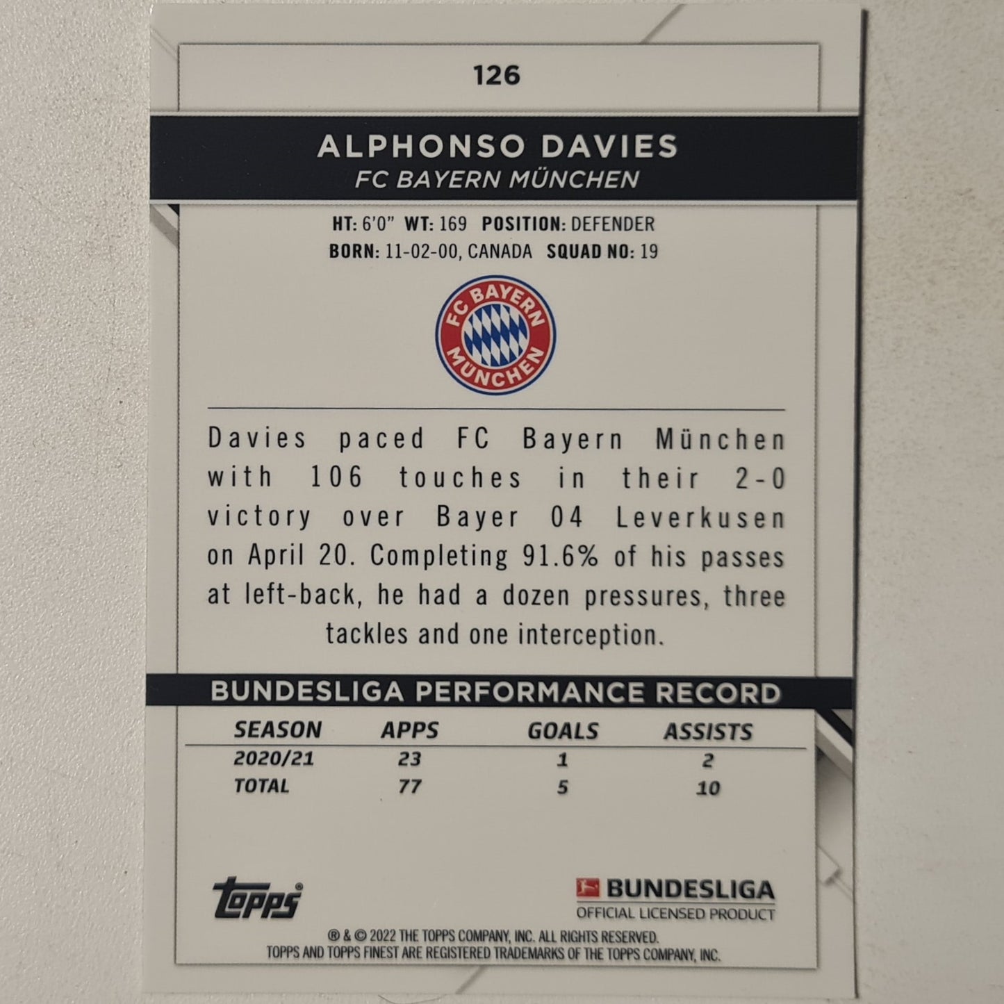 Alphonso Davies 2022 Topps Finest Bundesliga #126 Football Bayern Munich Excellent sleeved