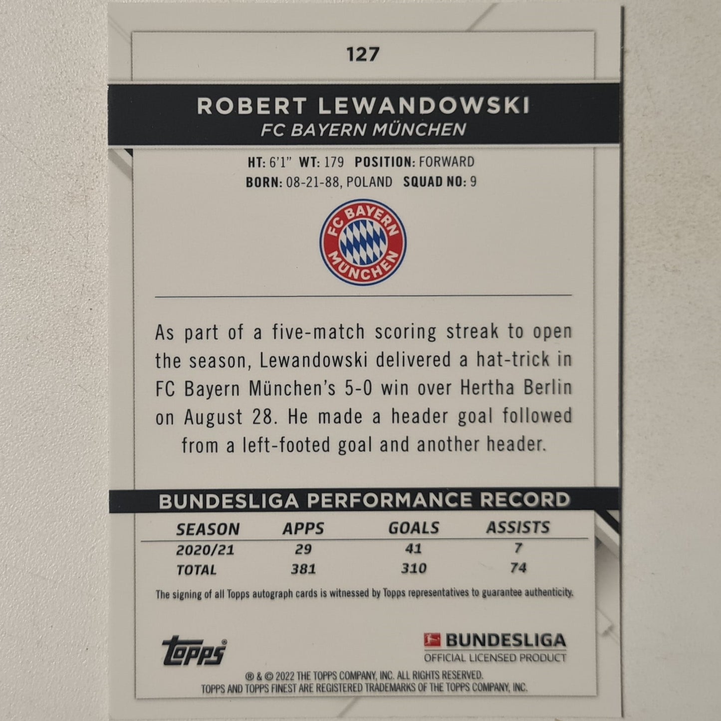 Robert Lewandowski 2022 Topps Finest Bundesliga Refractor #127 Football Bayern Munich Excellent sleeved