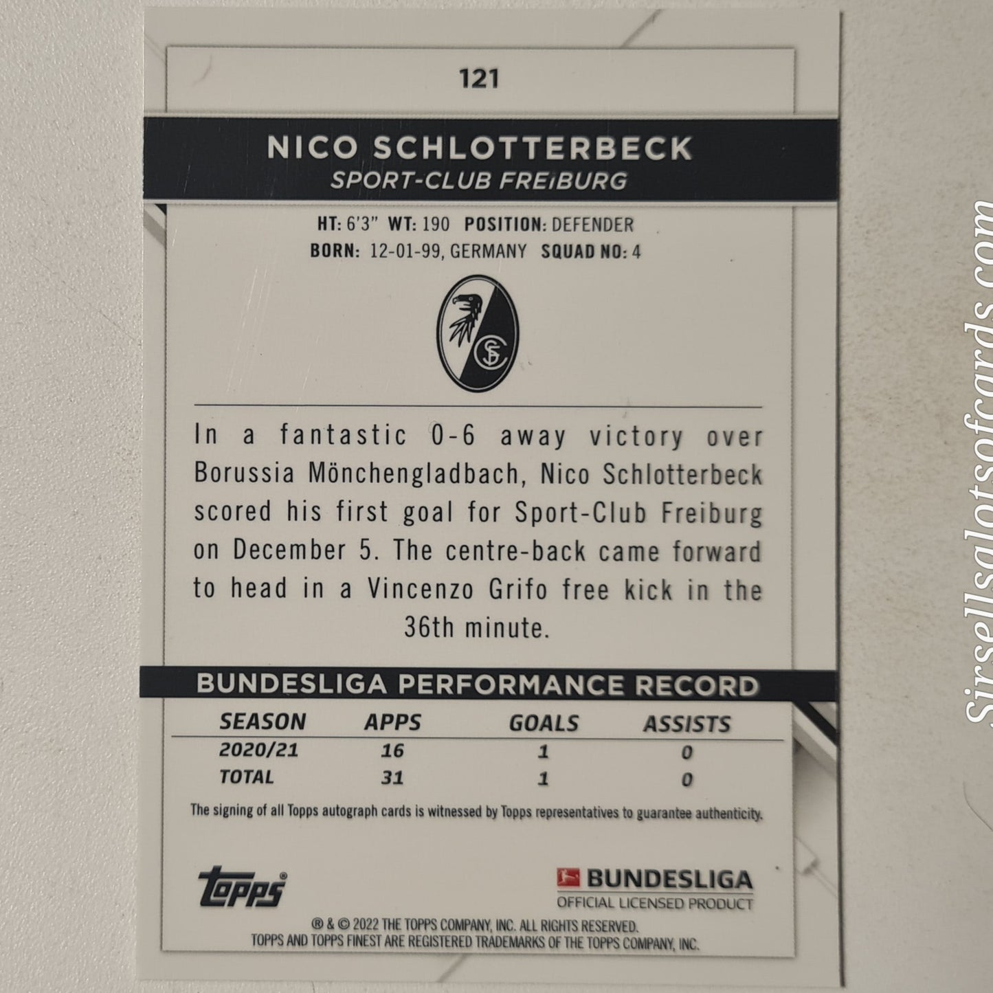 Nico Schlotterbeck 2022 Topps Finest Bundesliga Refractor #121 Football Freiburg Excellent sleeved