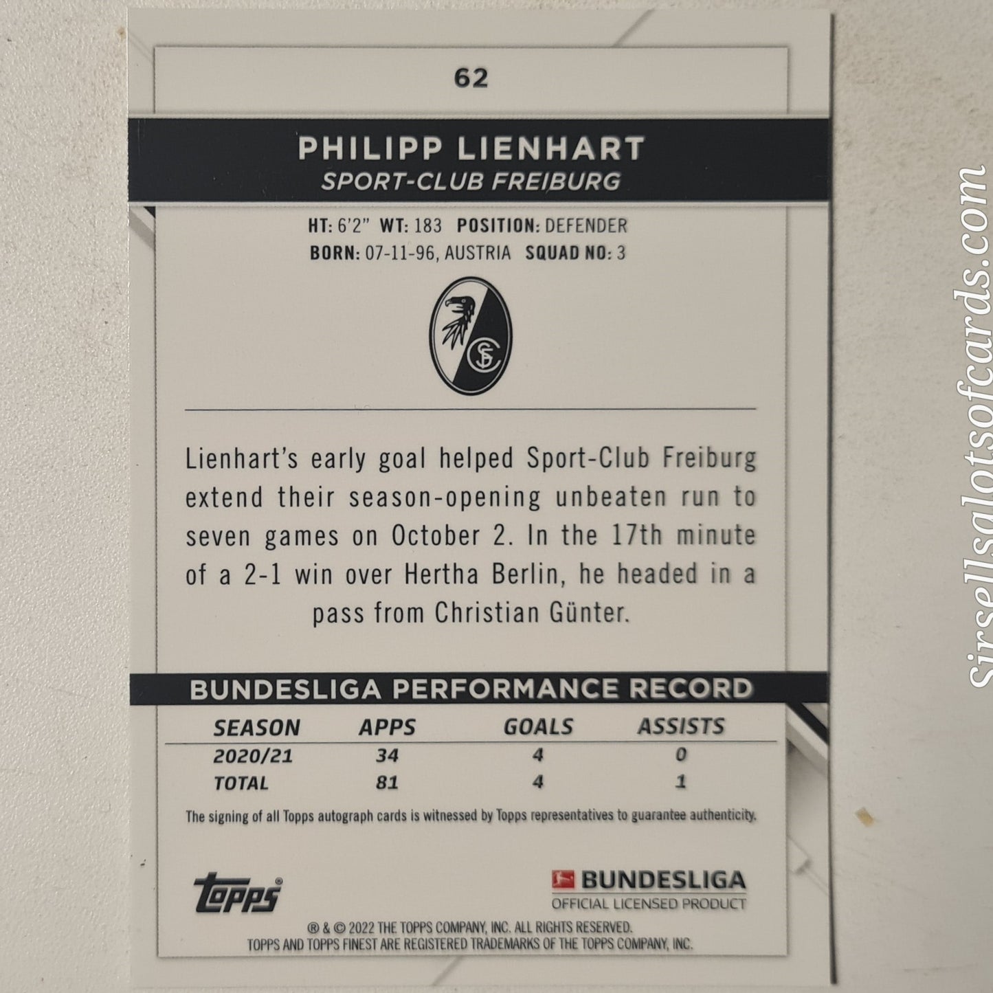 Philipp Lienhart 2022 Topps Finest Bundesliga Refractor Rookie RC #62 Football Freiburg Excellent sleeved