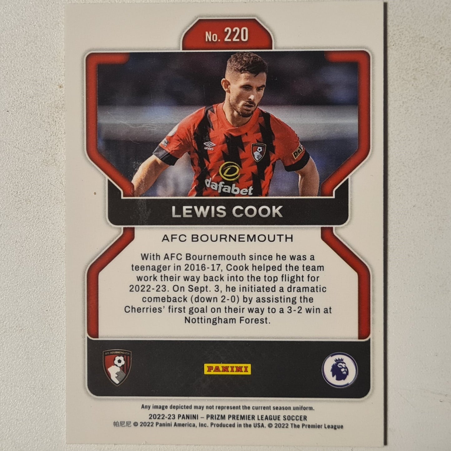 Lewis Cook 2022-23 Panini Prizm premier league soccer #220 Football Bournemouth Excellent sleeved