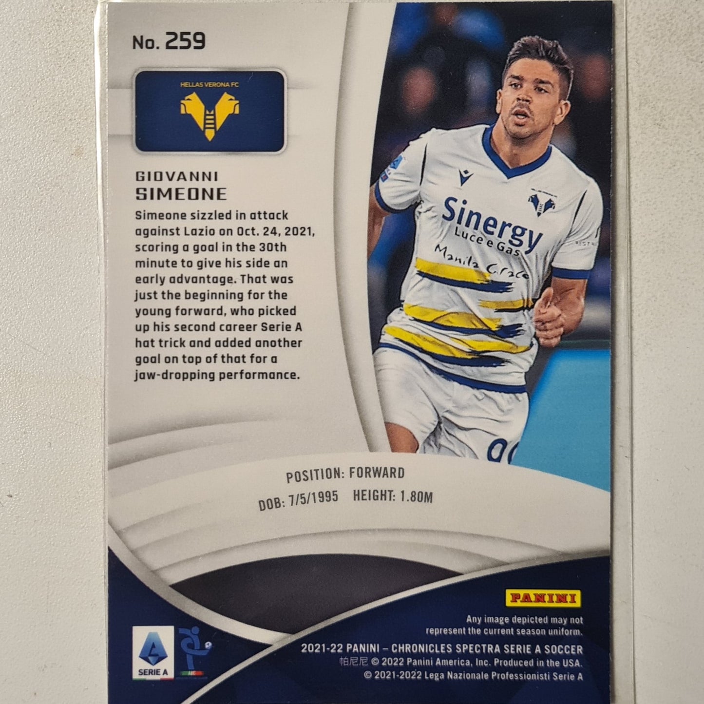 Giovanni Simone 2021-22 Panini Chronicles Spectra serie A Soccer #259 Football Verona Excellent sleeved