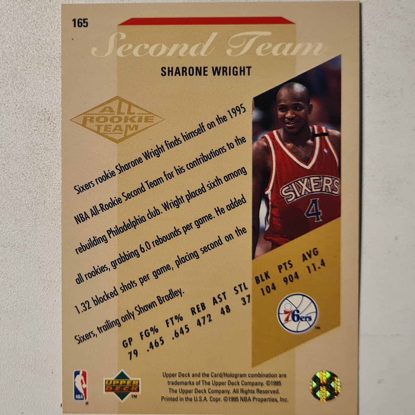 Sharone Wright 1995 Upper-Deck rookie second team #165 NBA Basketball Philadelphia 76ers Excellent sleeved