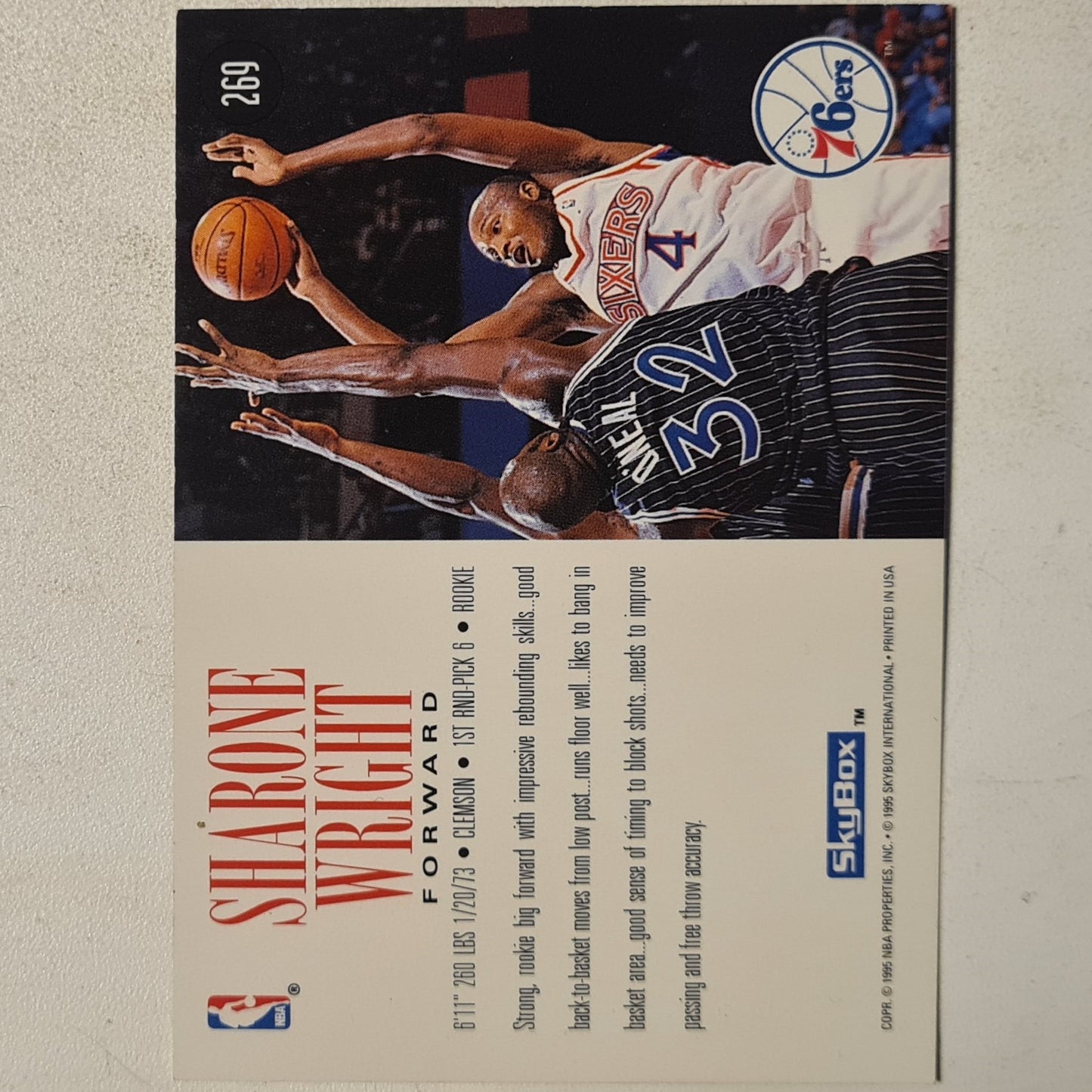 Sharone Wright 1995 skybox rookie RC #269 NBA Basketball Philadelphia 76ers very good sleeved