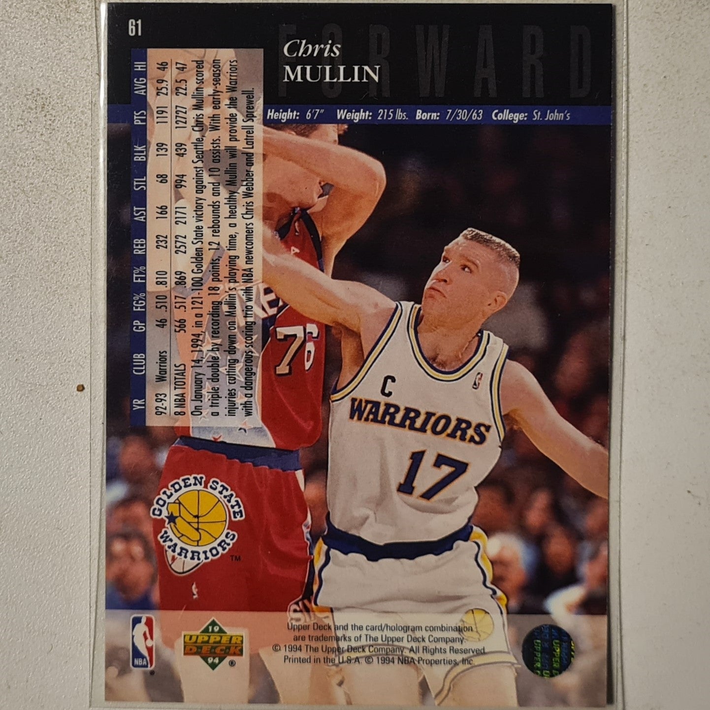 Chris Mullin 1994 Upper-Deck #61 NBA Basketball Golden State Warriors Excellent sleeved