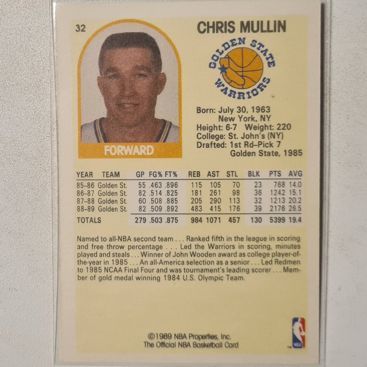 Chris Mullin 1989 NBA Hoops yellow #32 NBA Basketball Golden State Warriors Excellent+ sleeved