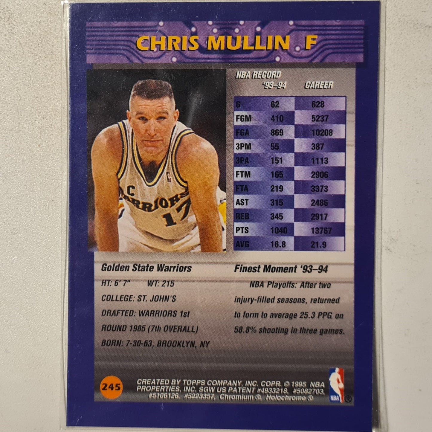 Chris Mullin 1995 Topps Finest with protector #245 NBA Basketball Golden State Warriors mint sleeved