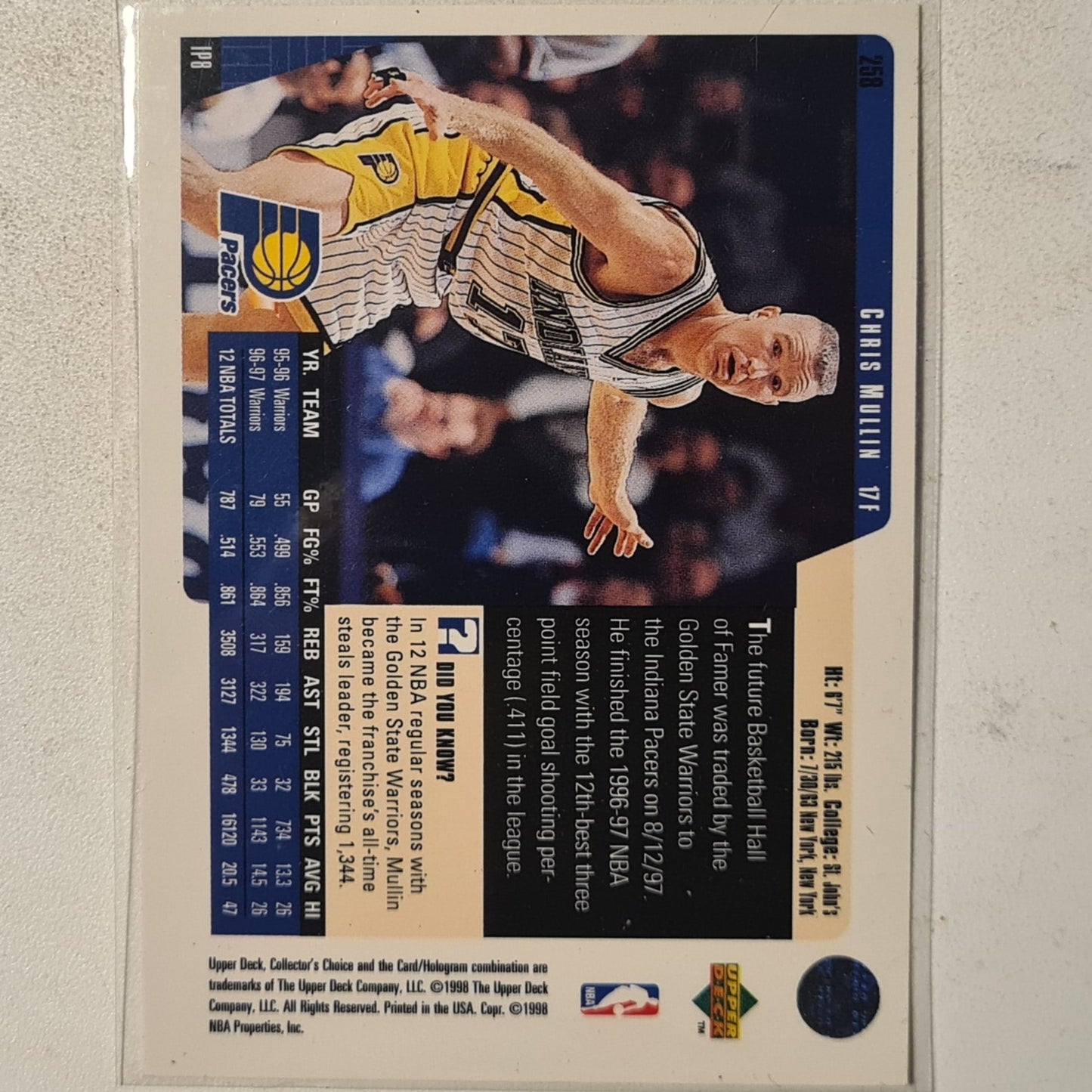 Chris Mullin 1998 Upper-Deck #258 NBA Basketball Indiana Pacers excellent