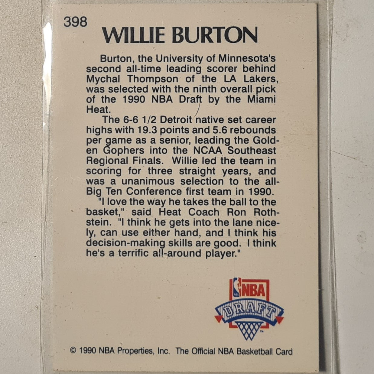 Willie Burton 1990 NBA hoops lottery pick Rookie RC #398 NBA Basketball Miami Heat Excellent