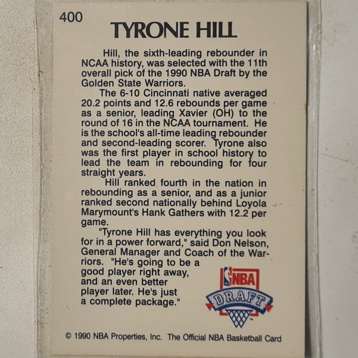 Tyrone Hill 1990 NBA hoops lottery pick Rookie RC #400 NBA Basketball Golden State Warriors Excellent