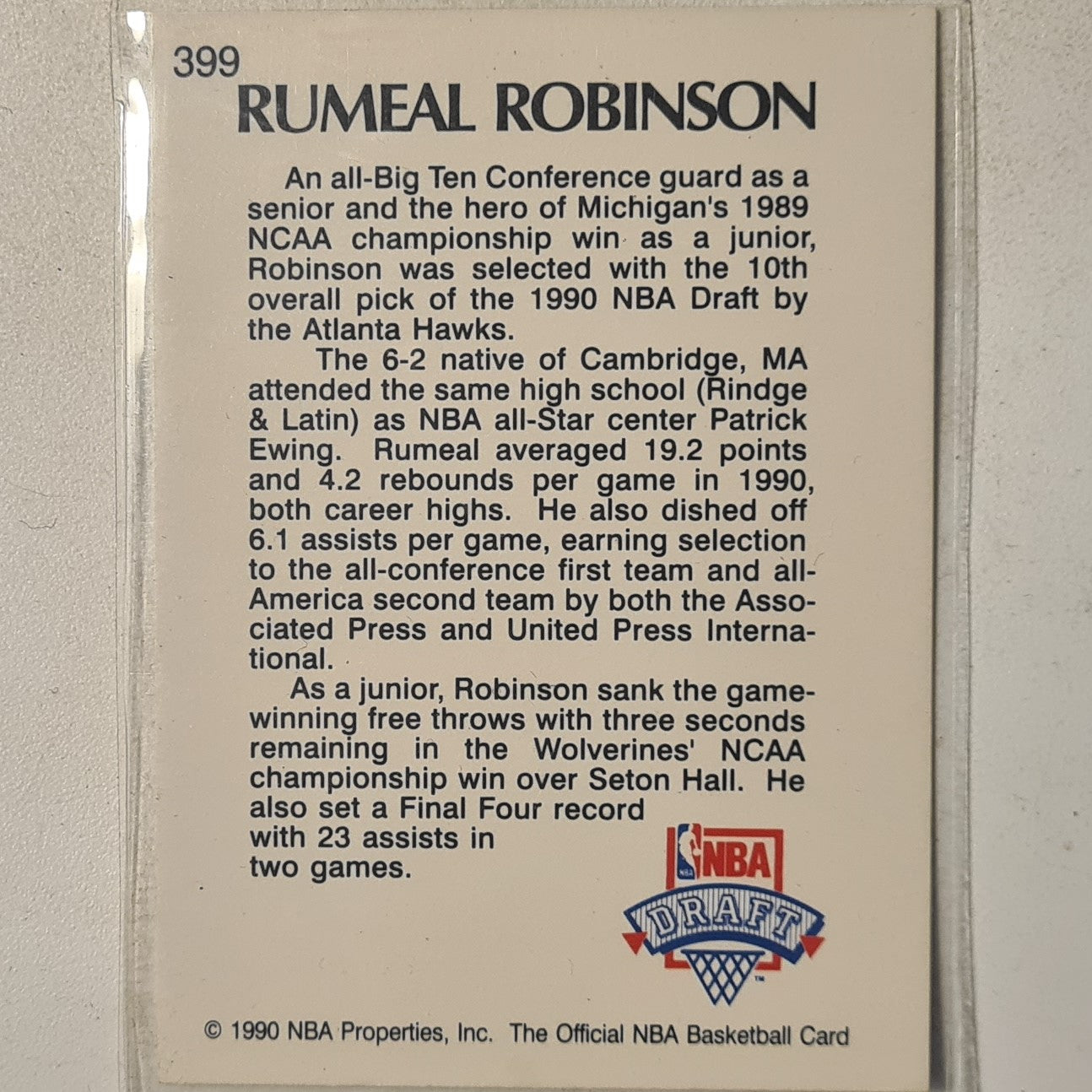 Rumeal Robinson 1990 NBA hoops lottery pick Rookie RC #400 NBA Basketball Atlanta Hawks Excellent