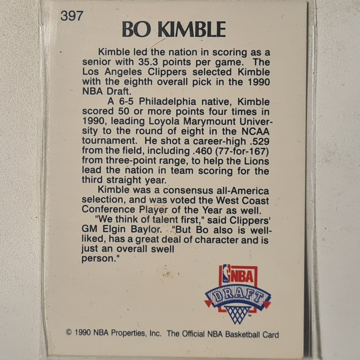 Bo Kimble 1990 NBA hoops lottery pick Rookie RC #397 NBA Basketball Los Angeles Clippers  Excellent