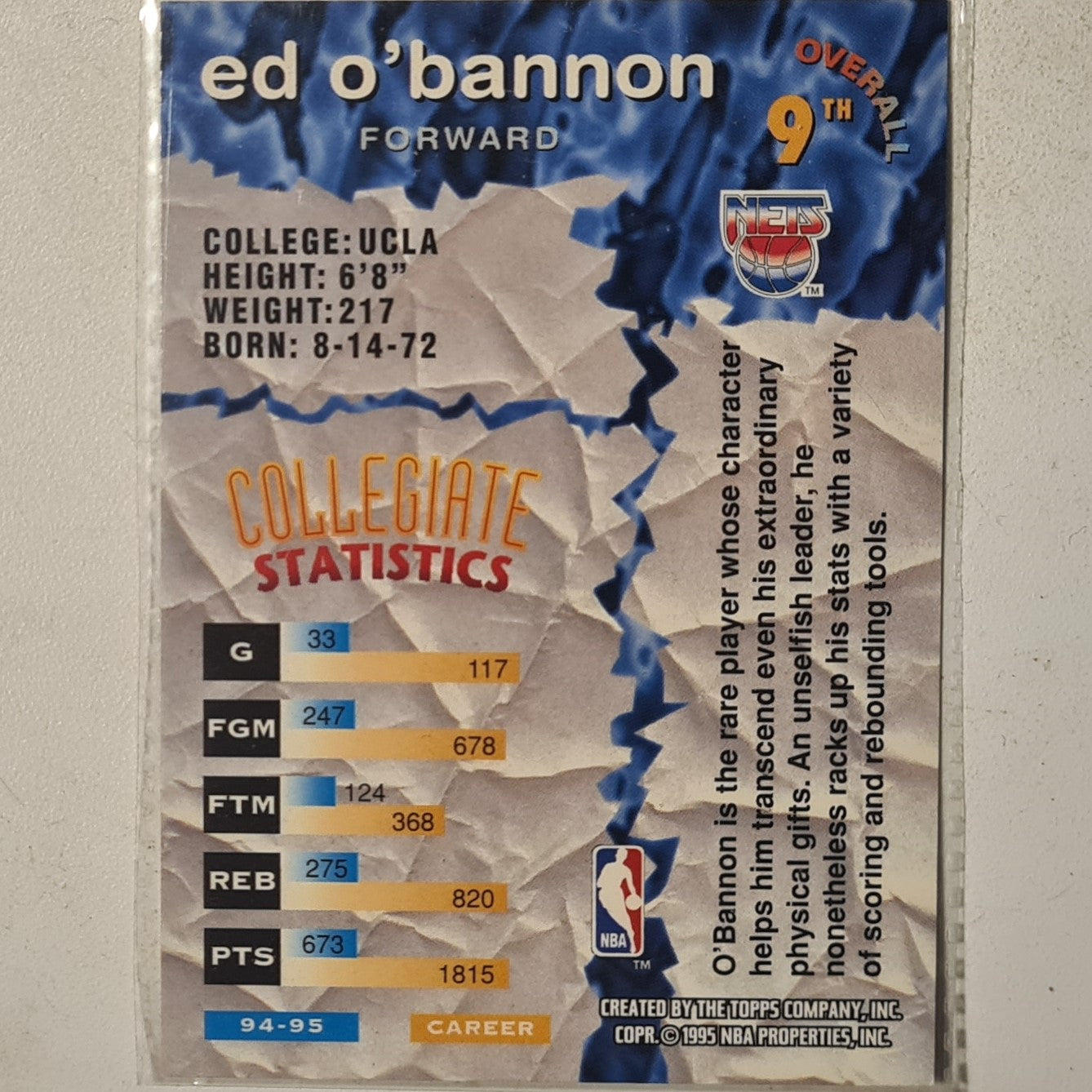 Ed O'Bannon 1995 Topps Stadium club 9th overall NBA Basketball Los Angeles Clippers Excellent