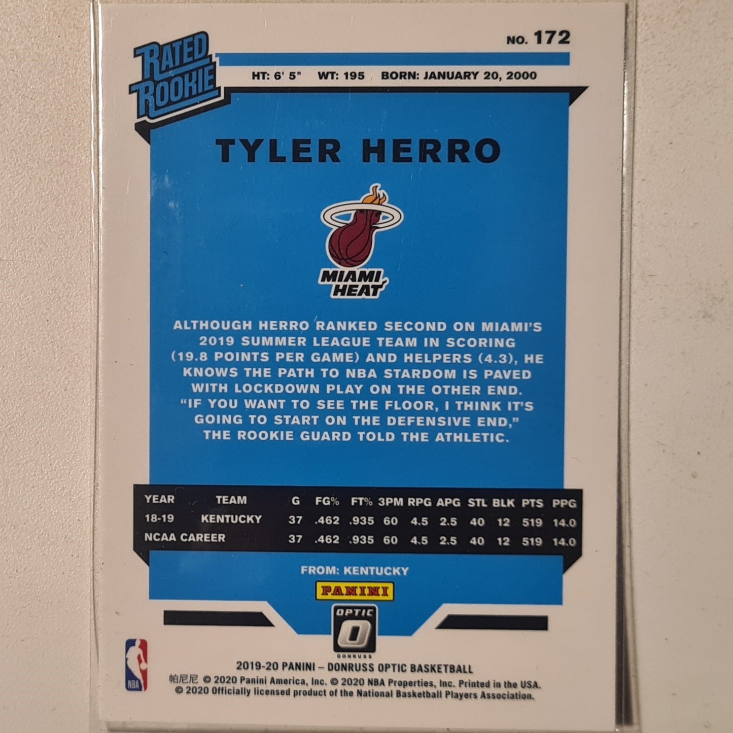 Tyler Herro 2017-18 Panini Donruss Optic Rookie RC #172 NBA Basketball Miami Heat Excellent/mint sleeved