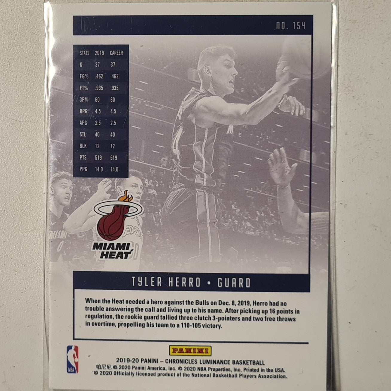 Tyler Herro 2019-20 Panini Luminance Rookie RC #154 NBA Basketball Miami Heat Excellent/mint sleeved