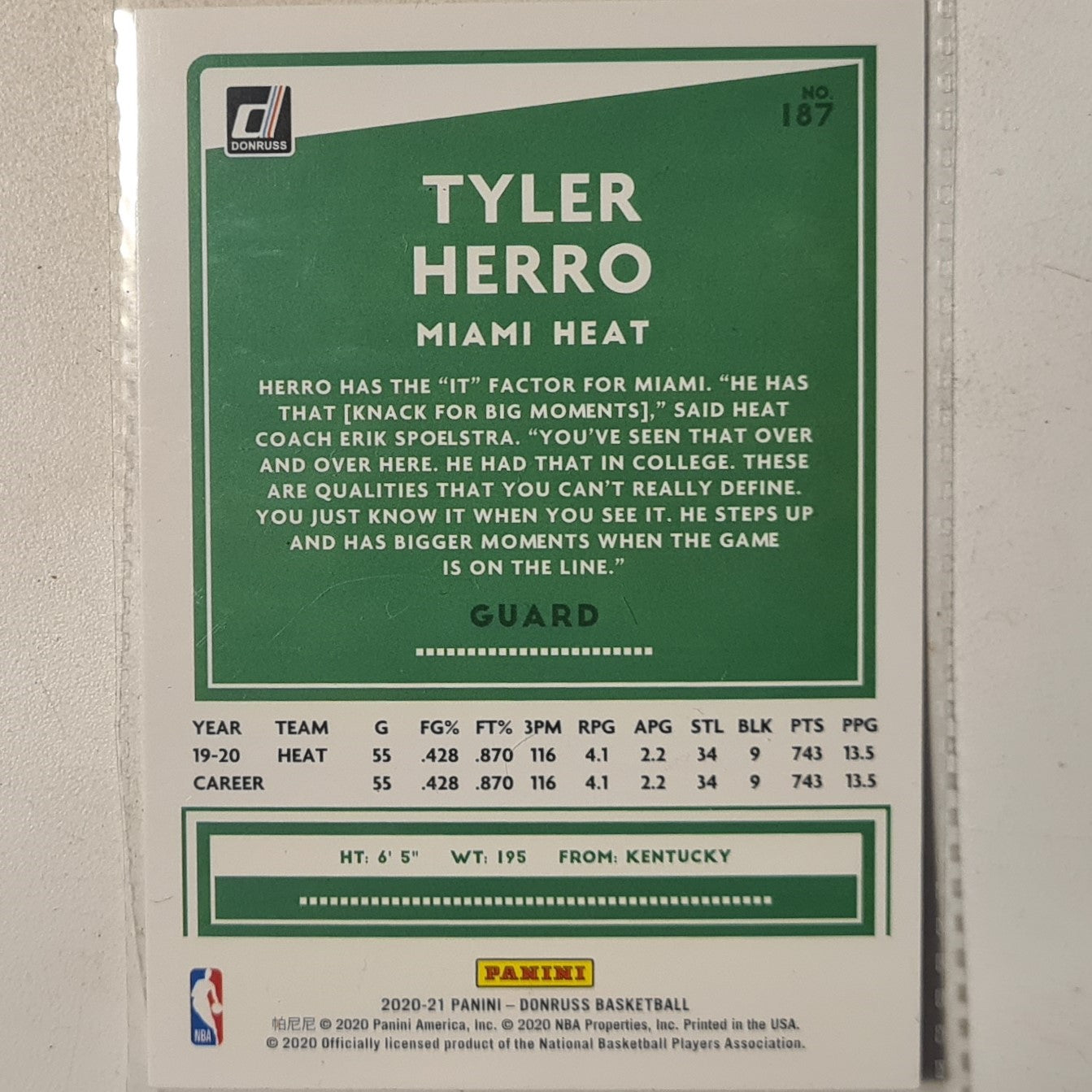 Tyler Herro 2020-21 Panini Donruss #187 NBA Basketball Miami Heat Excellent/mint sleeved