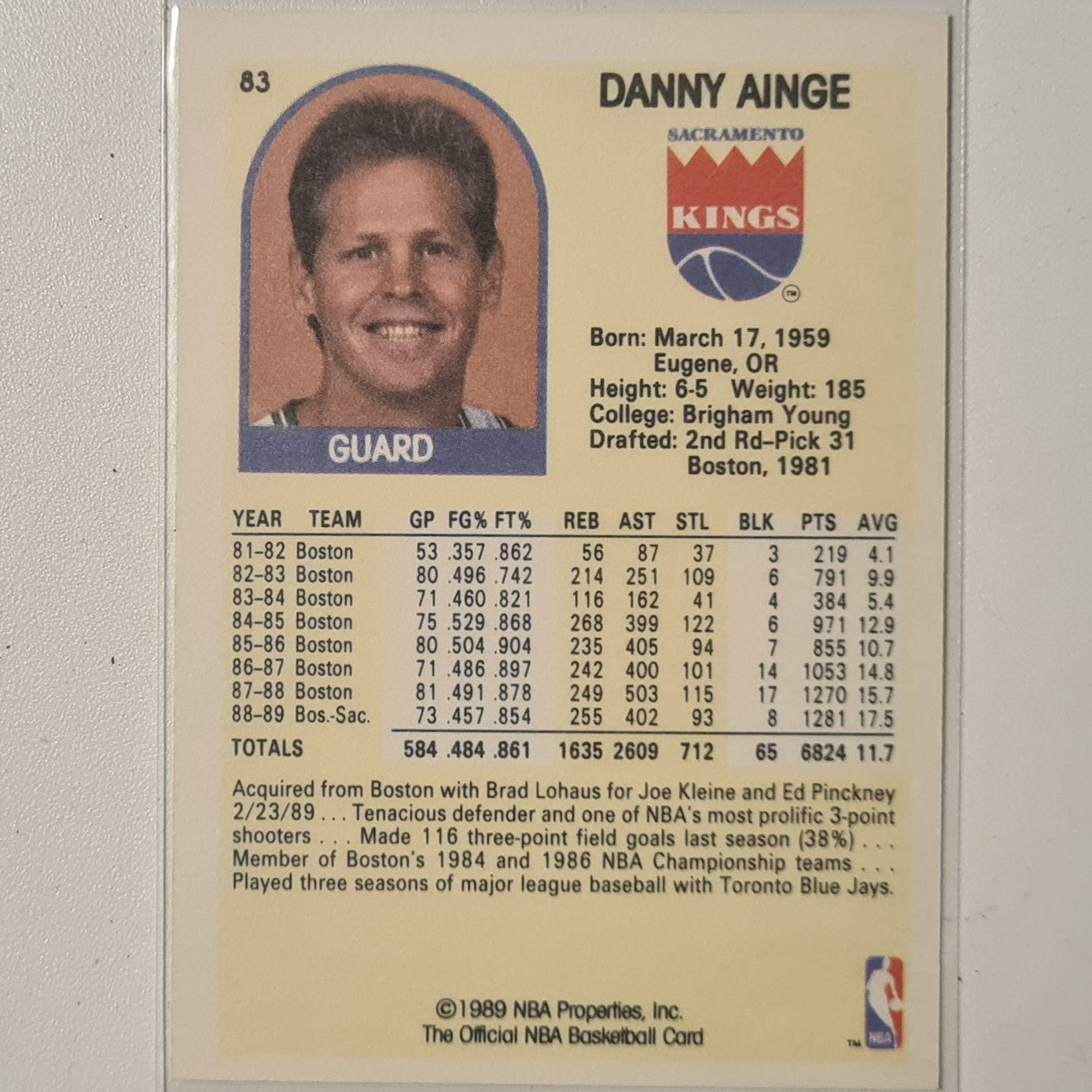 Danny Ainge 1989 NBA Hoops yellow #83 NBA Basketball Sacramento Kings ex-mint Sleeved