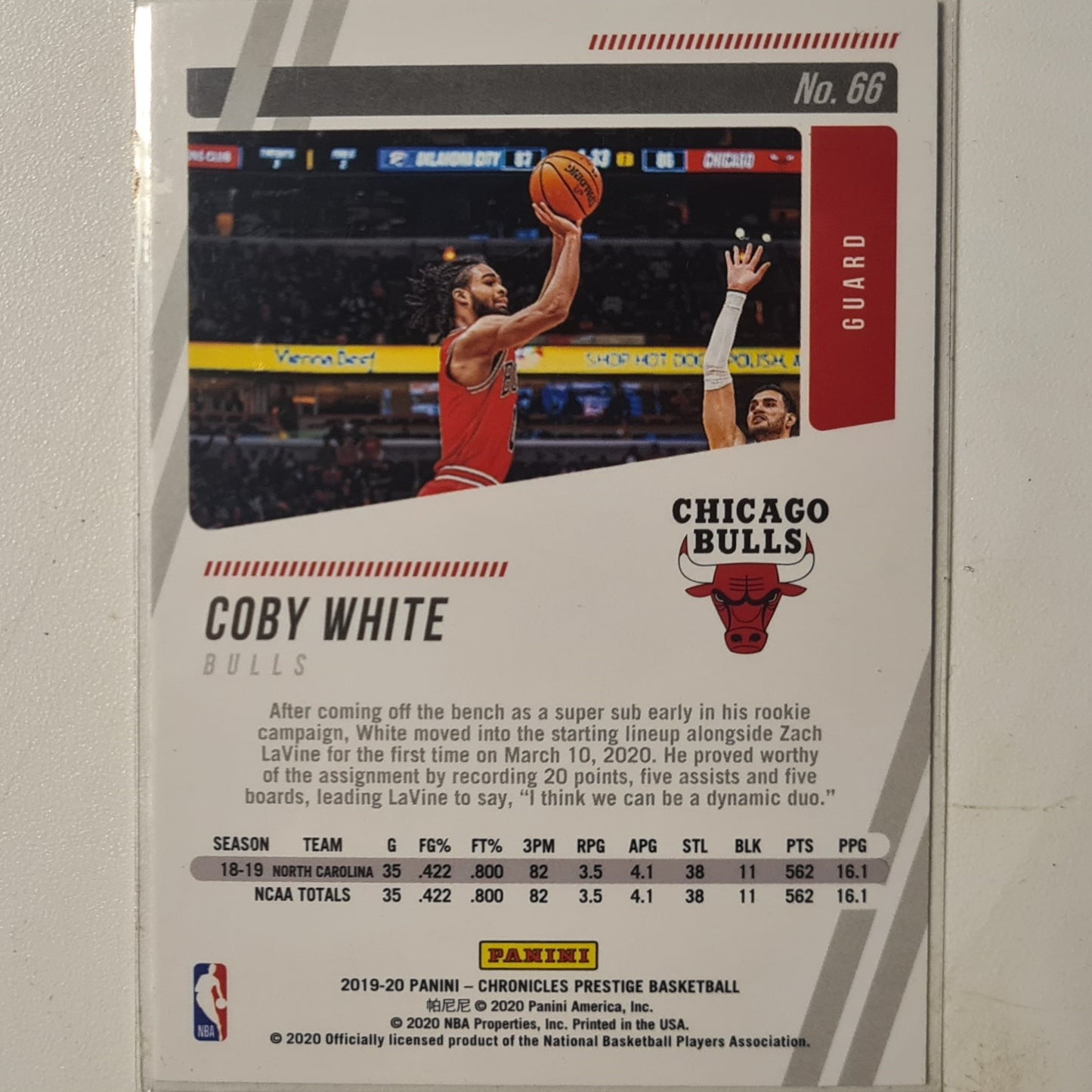 Coby White 2019-20 Panini prestige #66 NBA Basketball Chicago Bulls excellent/mint Sleeved