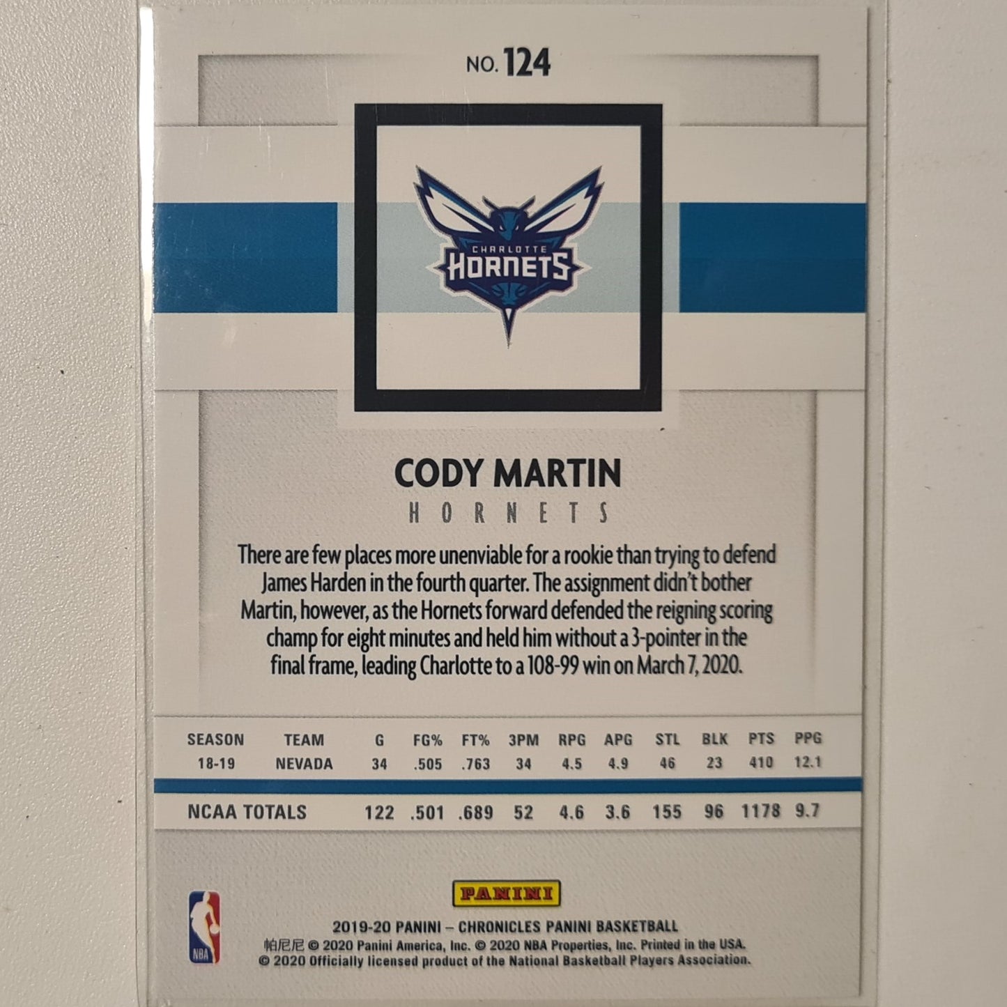 Cody Martin 2019-20 Panini Chronicles #124 NBA Basketball Charlotte Hornets excellent/mint Sleeved