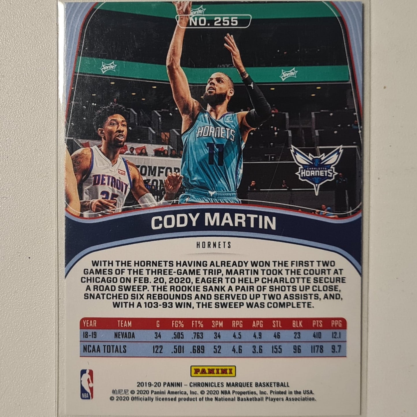 Cody Martin 2019-20 Panini Marquee Rookie RC #255 NBA Basketball Charlotte Hornets excellent/mint Sleeved