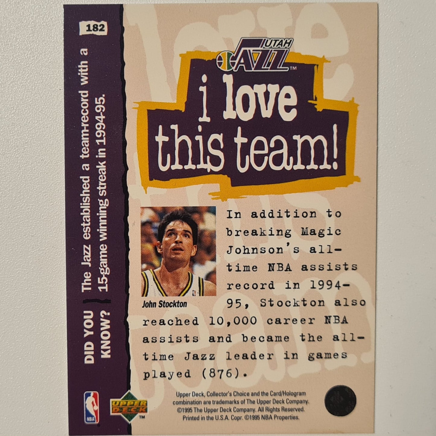 John Stockton 1995 Upper-Deck #182 NBA Basketball Utah Jazz Excellent Sleeved