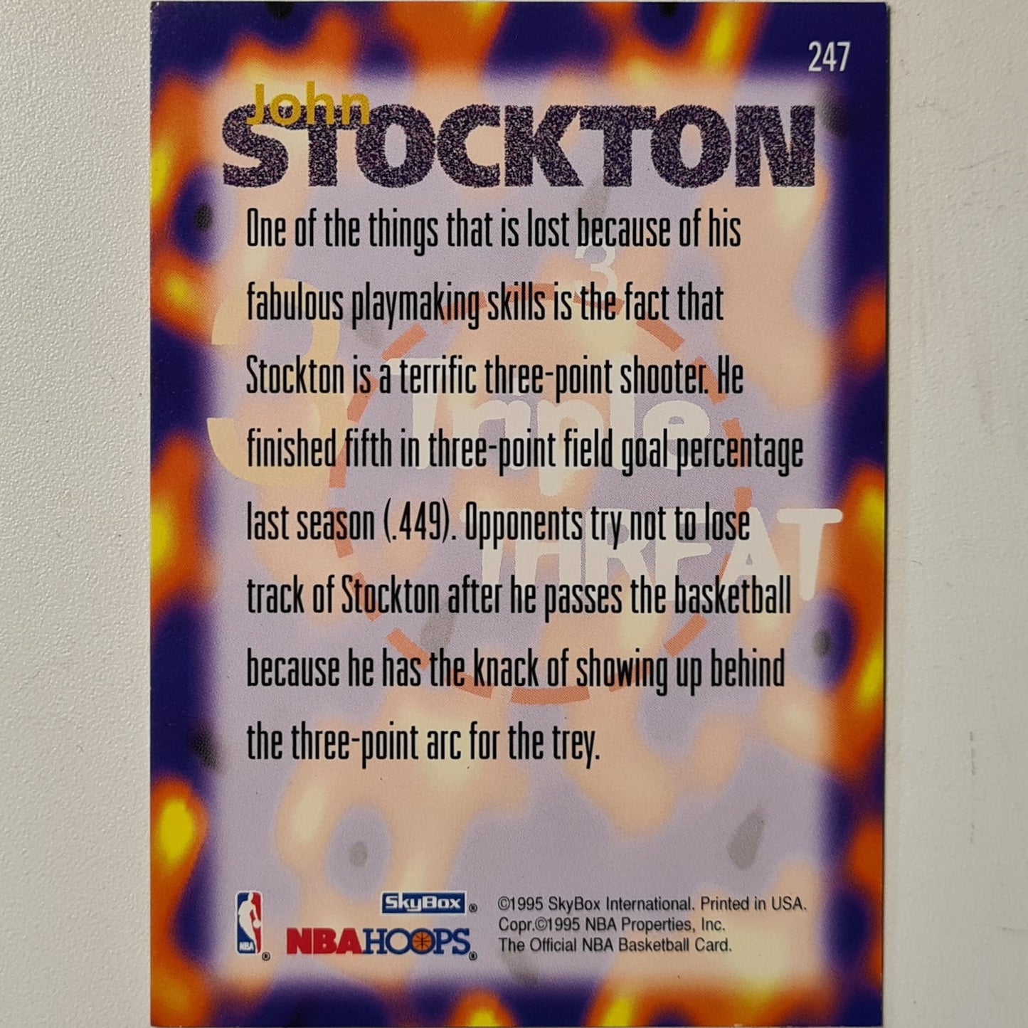 John Stockton 1995 Skybox NBA Hoops triple threat  #247 NBA Basketball Utah Jazz very good Excellent Sleeved