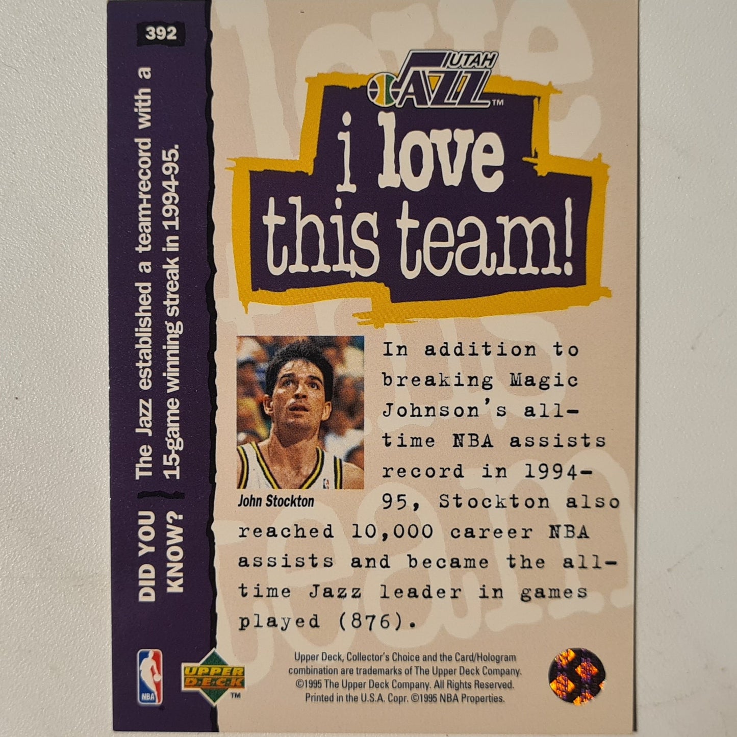 John Stockton 1995 Upper-Decks i love this team players club variant  #392 NBA Basketball Utah Jazz very good Excellent Sleeved